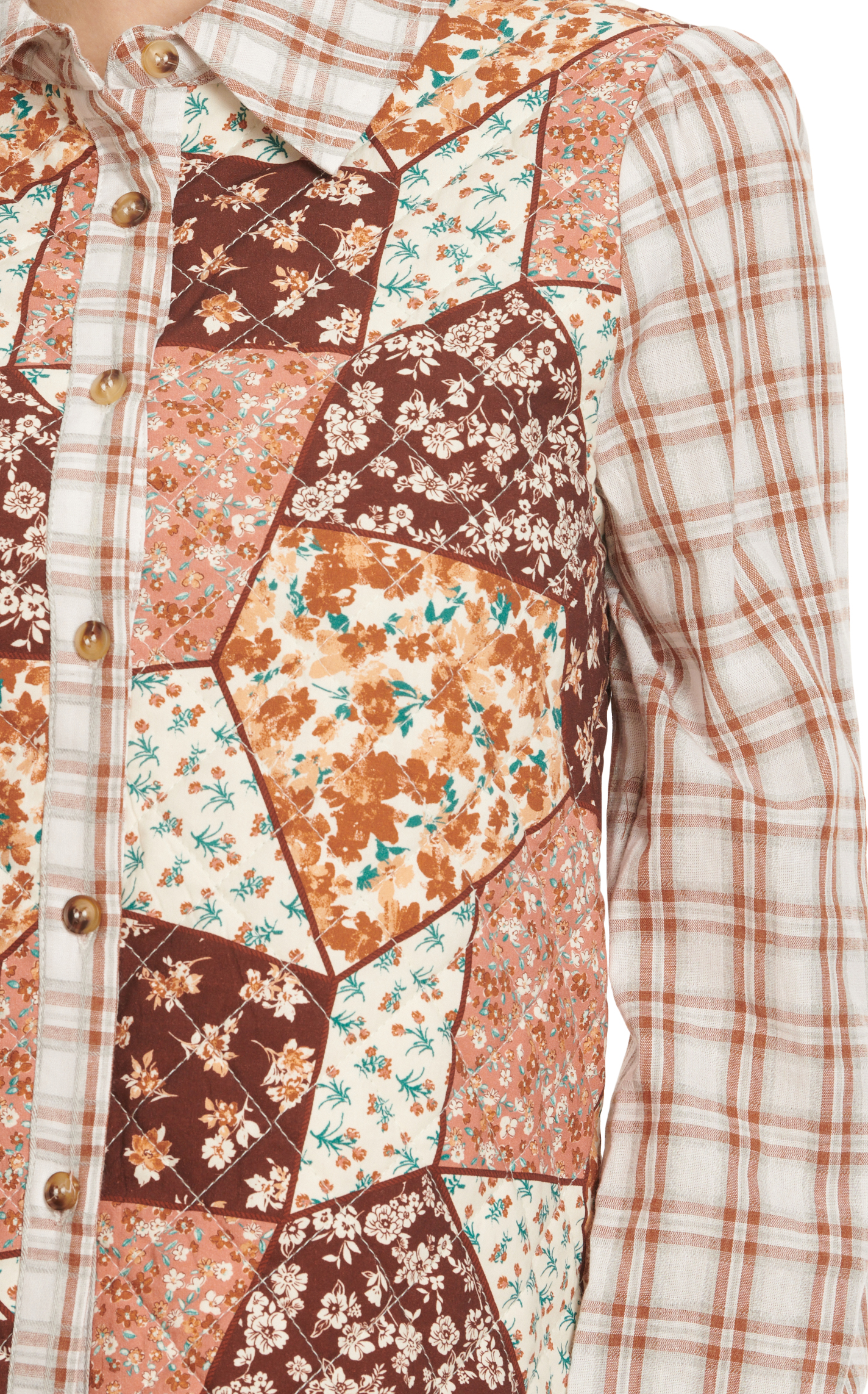 Rockin C Women's Shades of Coffee & Cream Floral Quilted Plaid Long Sleeve Top  - Image 1