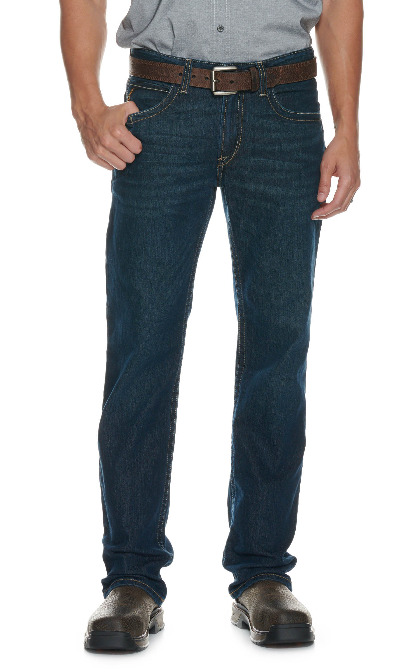Ariat Men's Rebar M4 DuraStretch Dark Wash Relaxed Fit Boot Cut Work Jeans - Image 1