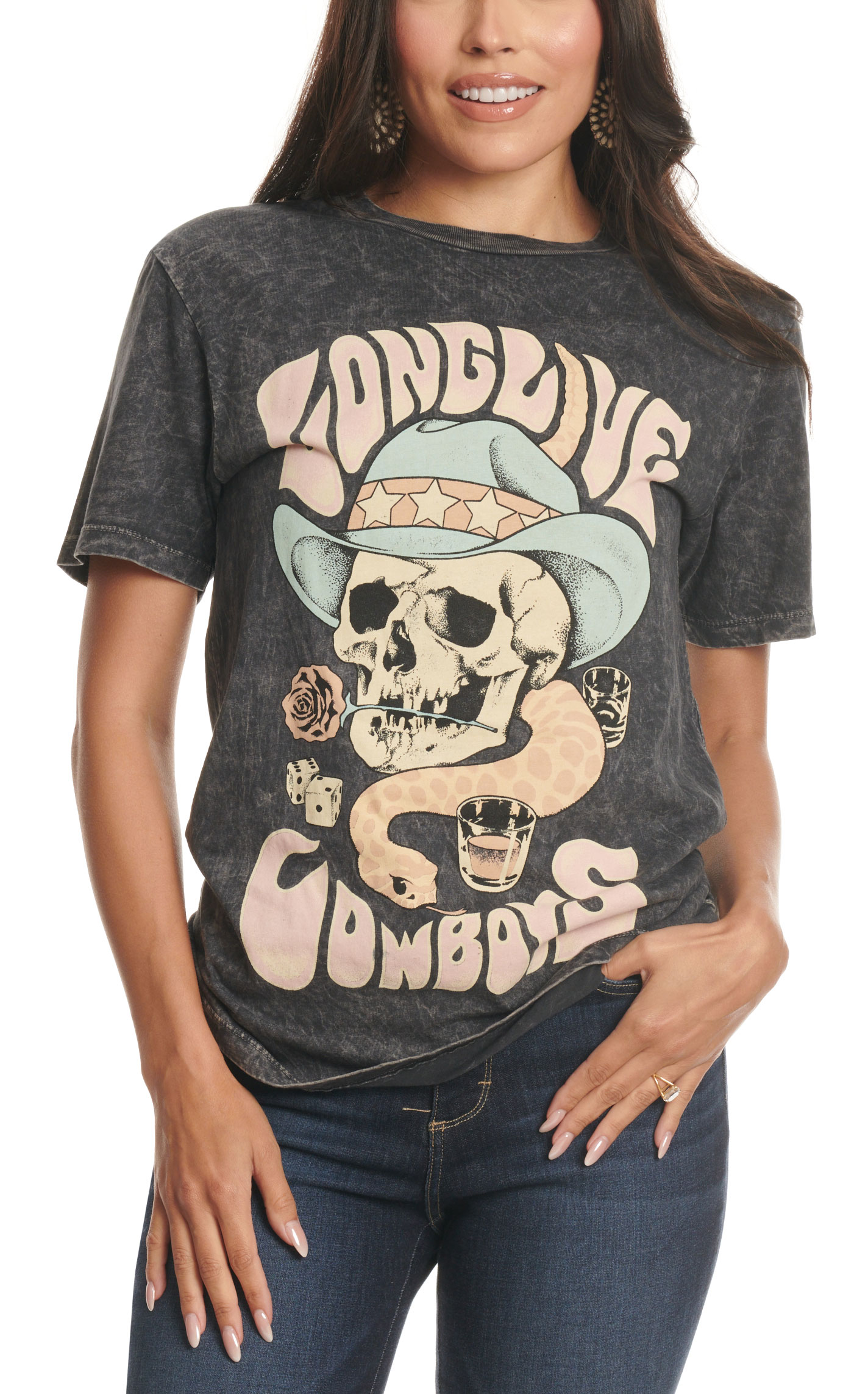 Lotus Fashion Women's Black Long Live Cowboys Graphic T-Shirt - Image 1