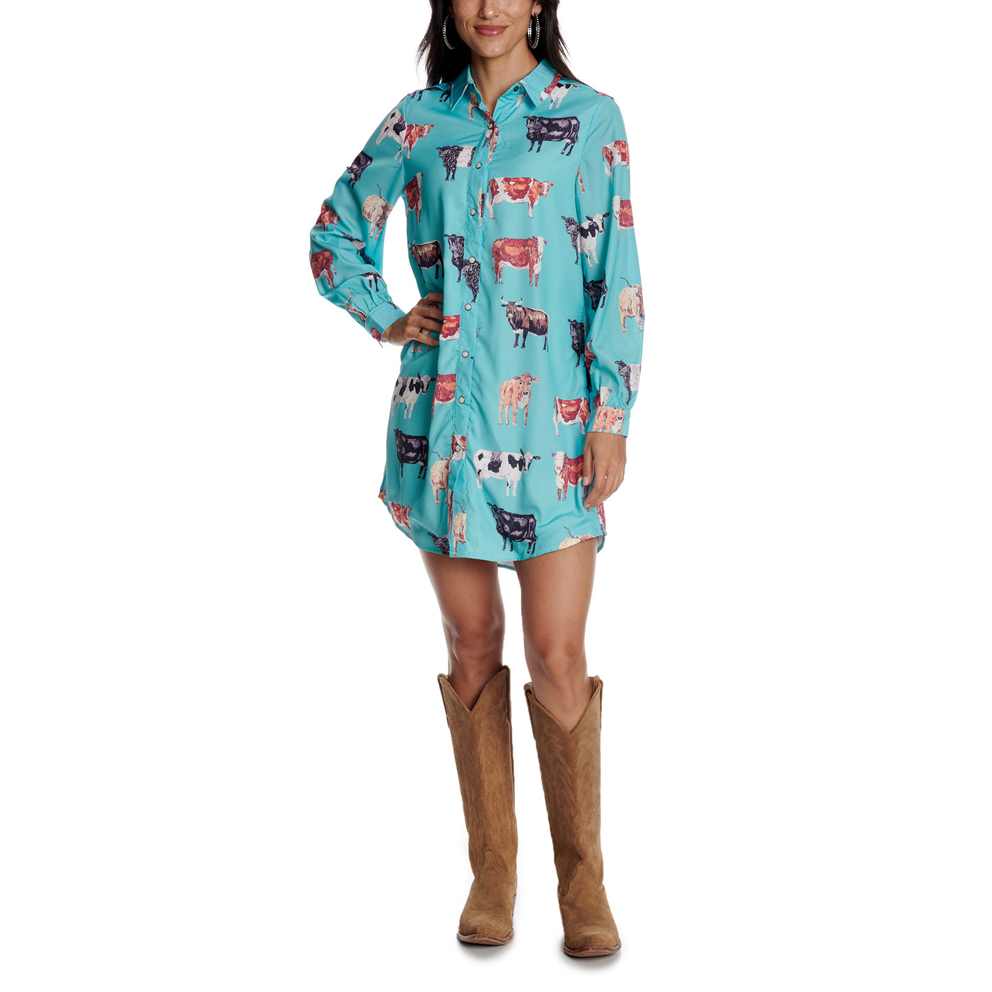 Fashion Express Women's Button Down Cow Print Shirt Dress  - Image 1