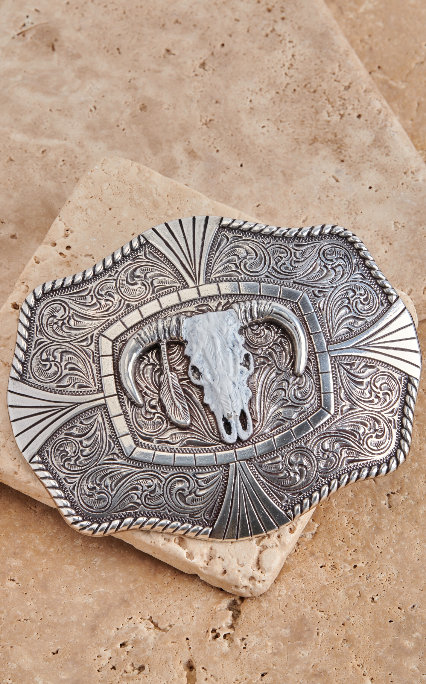 M&F Western Silver with White Skull Rectangle Belt Buckle - Image 1