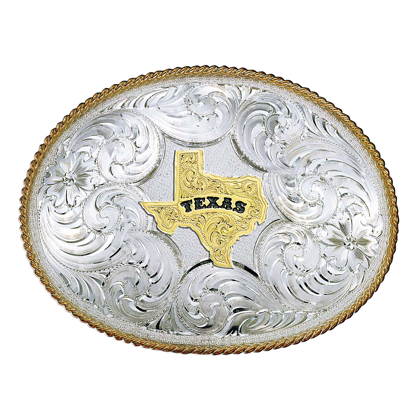 Montana Silversmiths Texas Silver Engraved Gold Trim Western Belt Buckle - Image 1