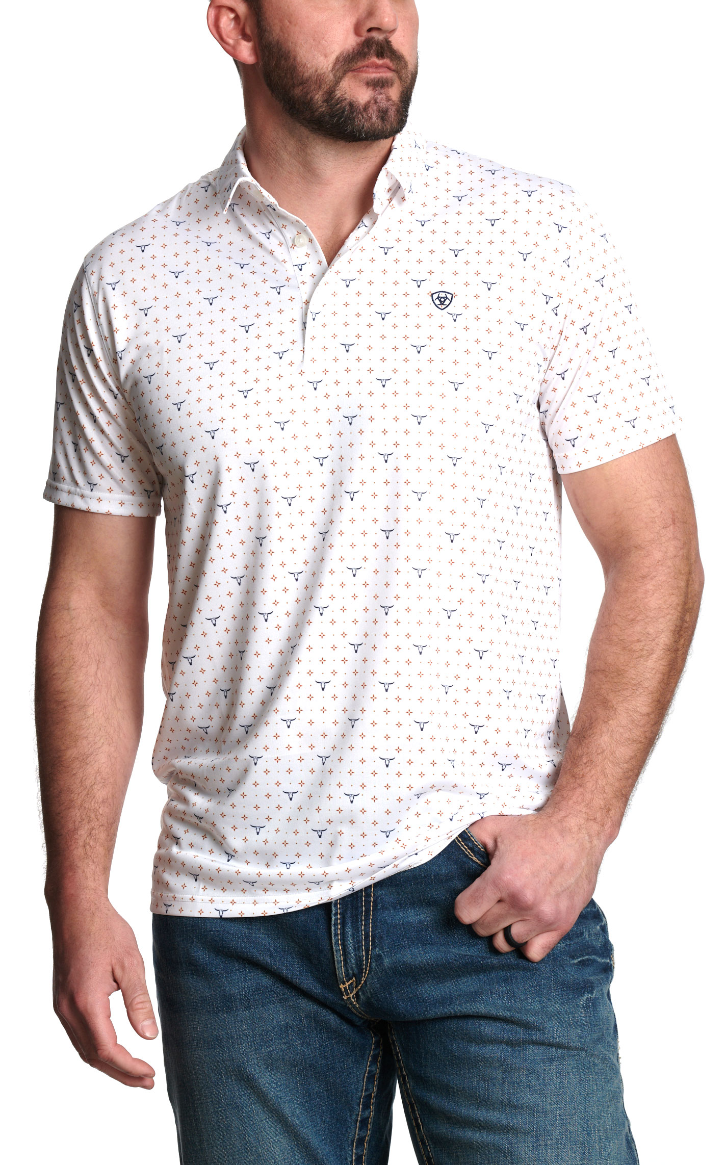 Ariat Men's White Steer Geo Print Polo Shirt - Image 1