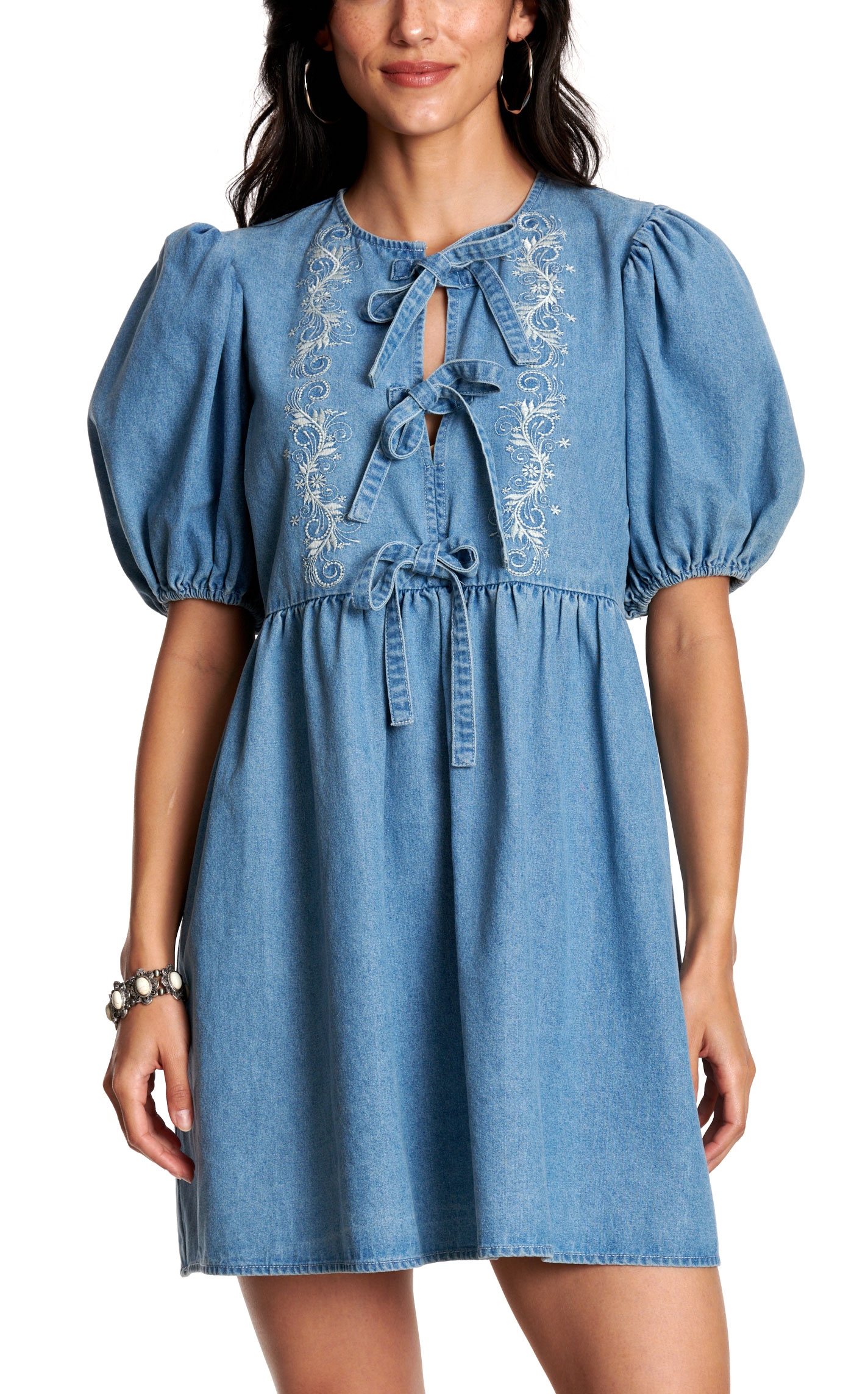 Blue B Women’s Denim Tie Front Puff Sleeve Dress - Image 1