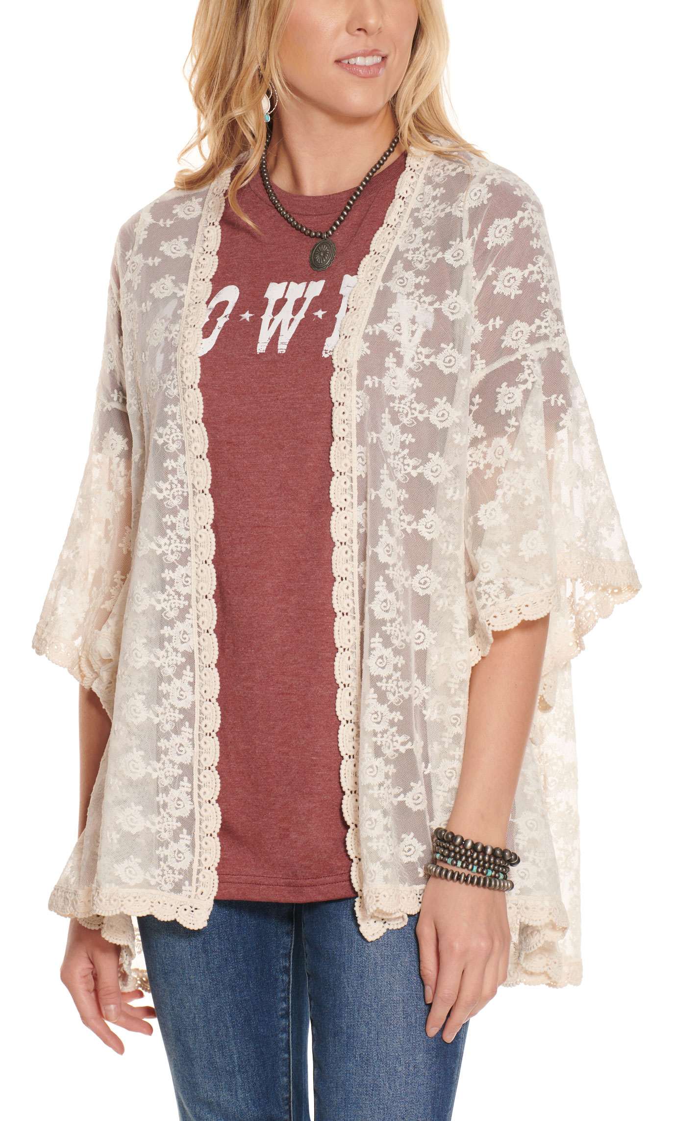 Magnolia Lane Women's Cream Lace Bell Sleeve Kimono - Image 1