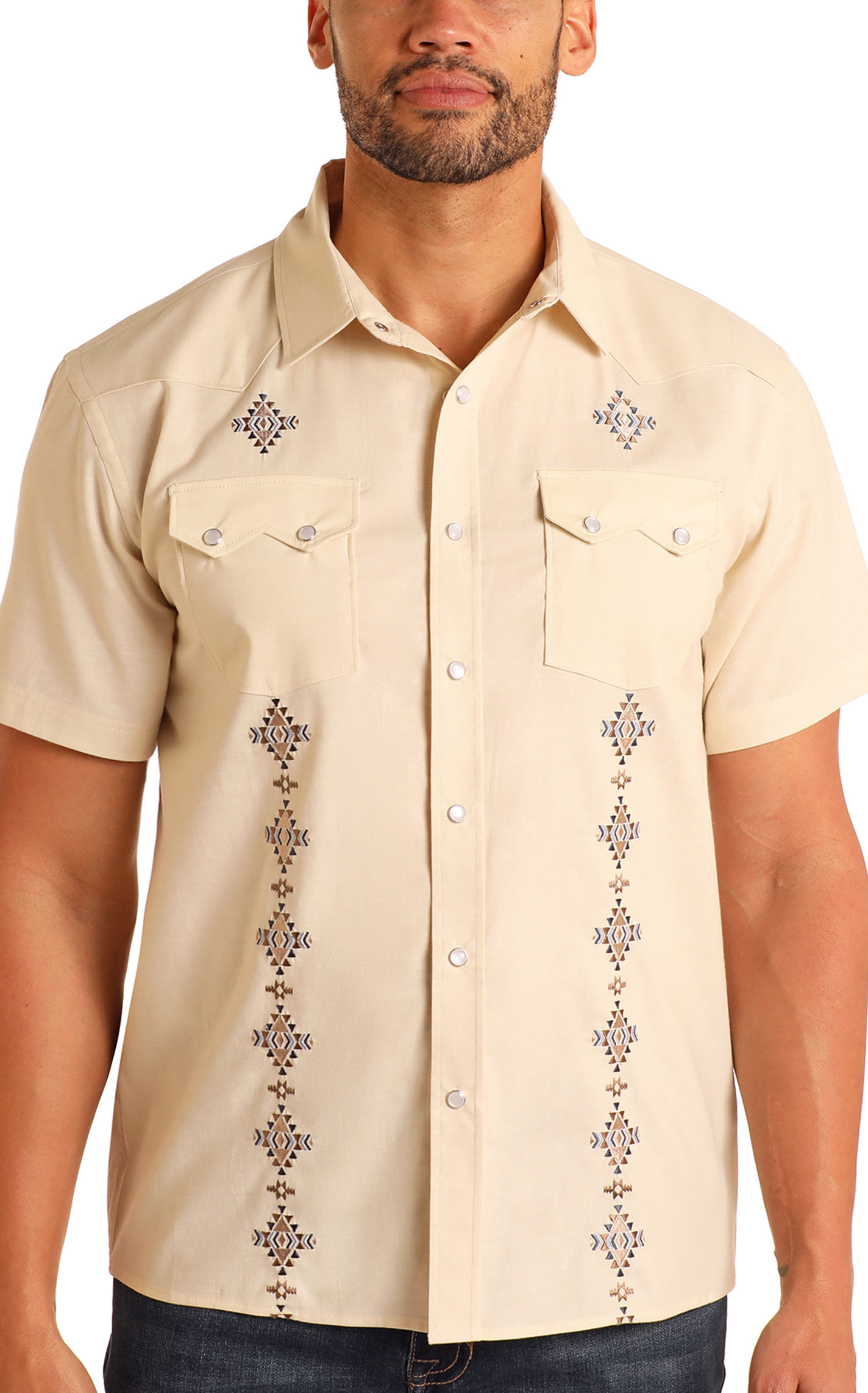 Panhandle Men's Pale Yellow Embroidered Aztec Western Shirt - Image 1