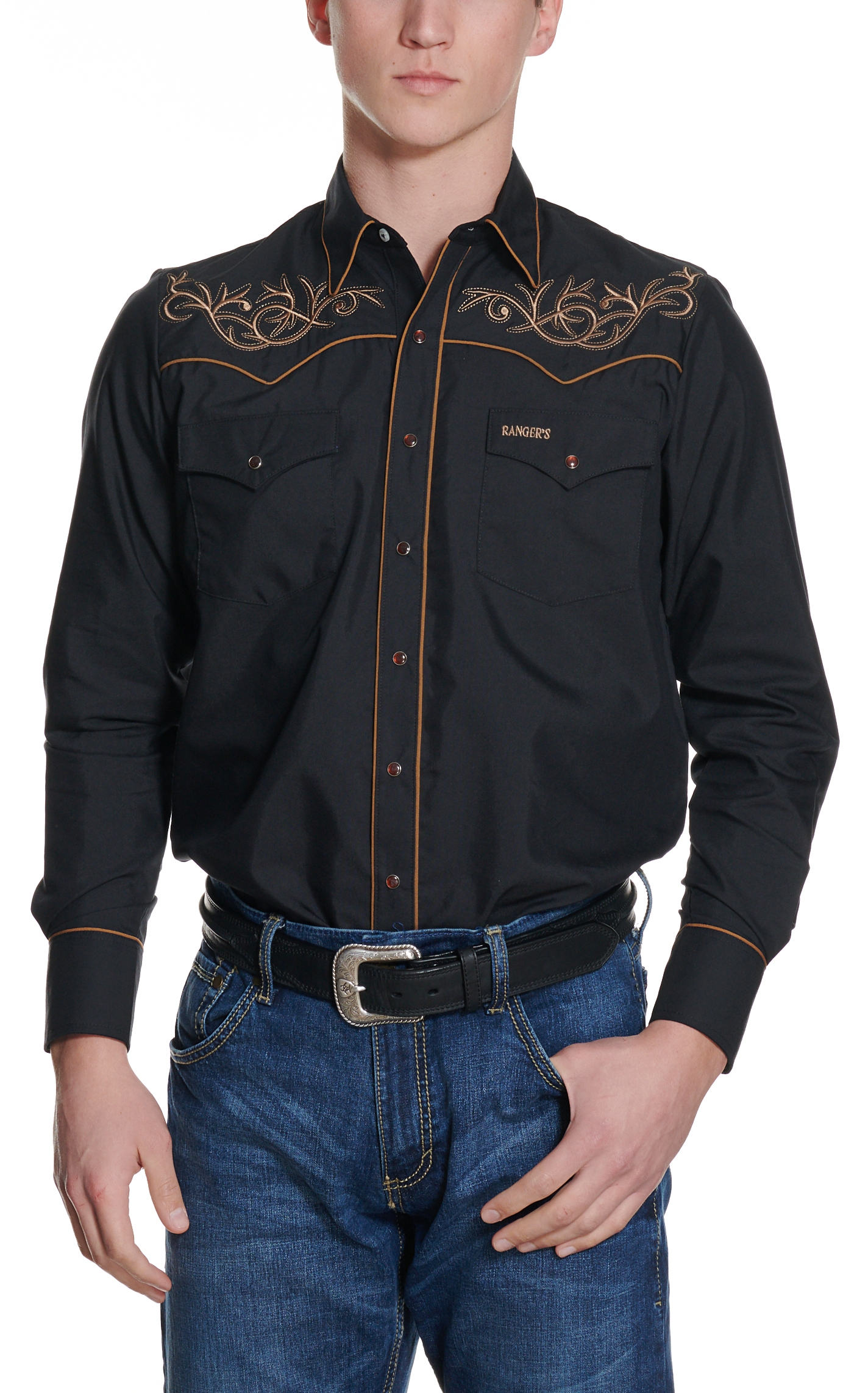 Ranger's Legend Men's Black & Copper Embroidered Western Shirt - Image 1