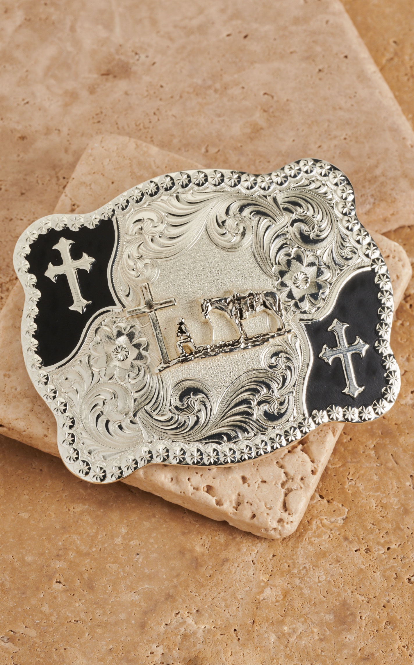 Montana Silversmiths Silver with Black Praying Cowboy Scalloped Rectangle Belt Buckle - Image 1