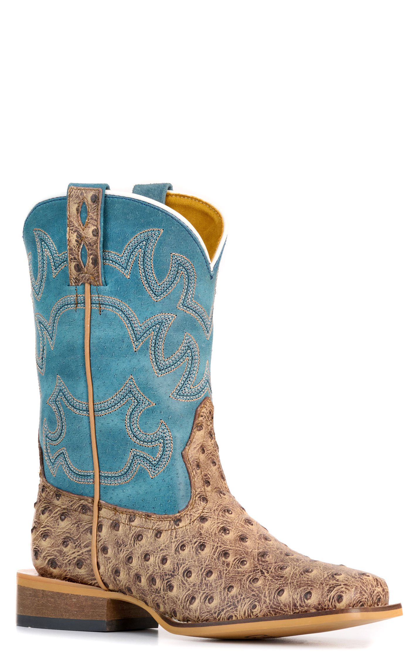 Cavender's Kids' Sand Ostrich Print and Blue Wide Square Toe Cowboy Boots - Image 1