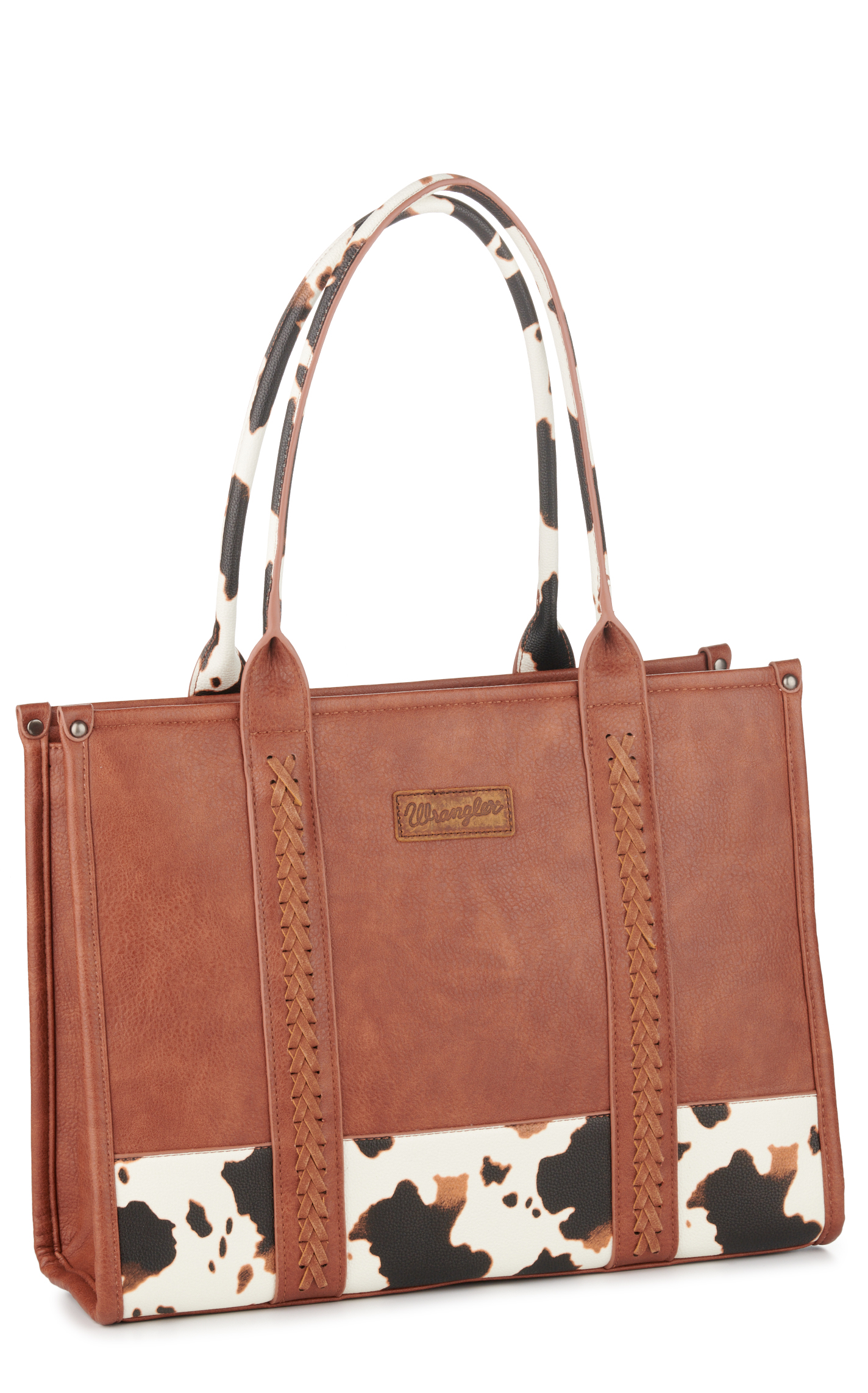 Wrangler Brown Black & White Leather Cow Print Large Tote Bag - Image 1