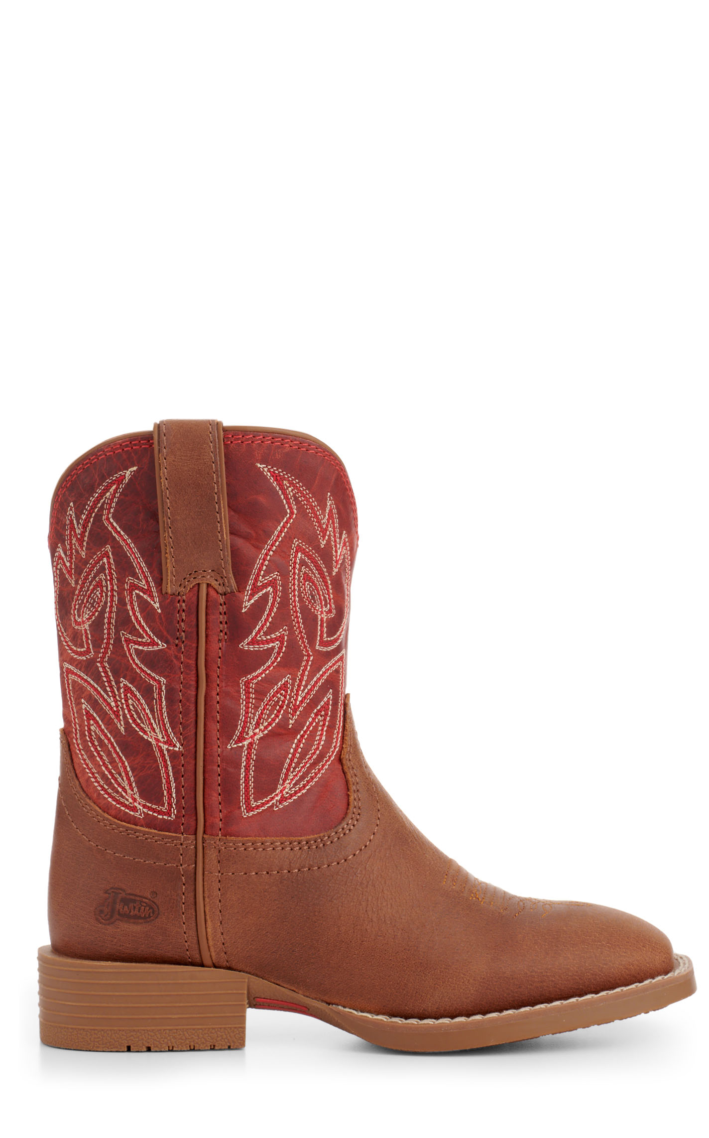 Justin Youth Canter Junior Cognac and Fire Red Wide Square Toe Cowboy Boots - Image 1