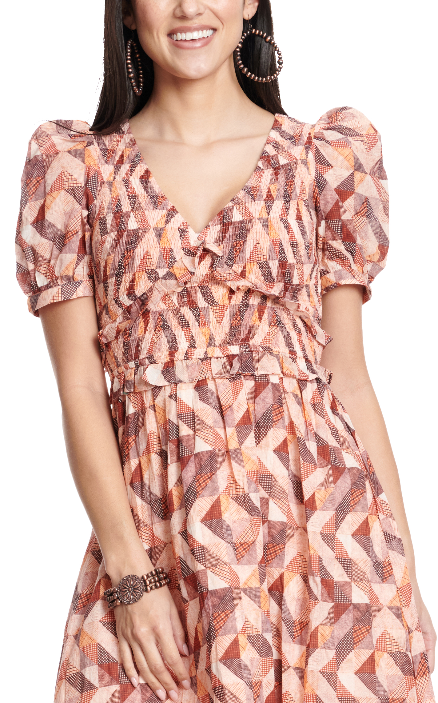 TCEC Women's Peaches & Chocolate Triangle Patchwork Smocked V-Neck Short Puff Sleeve Dress - Image 1