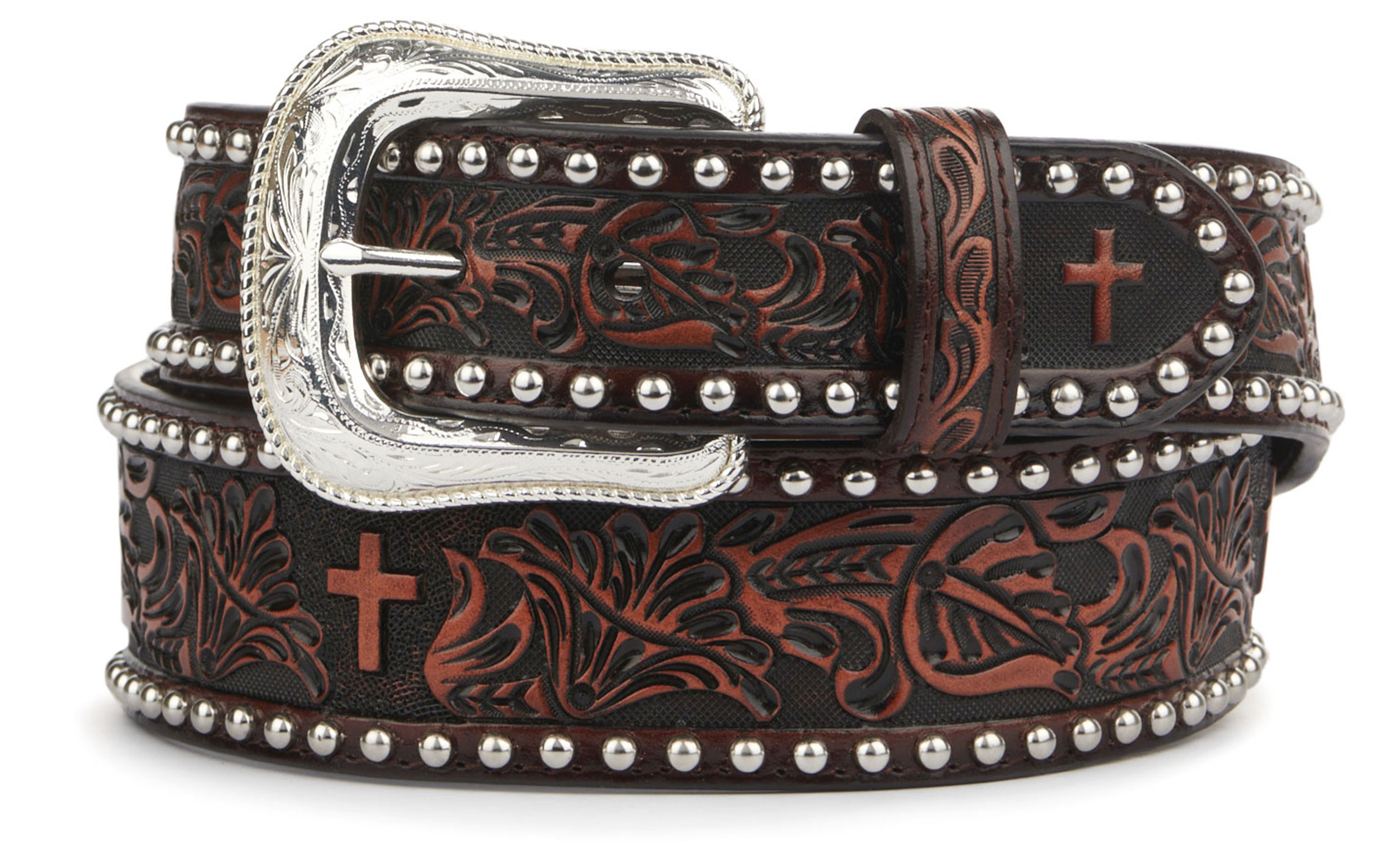 Cowboy Chrome Men's Brown Leather Floral Cross Tooling with Silver Studs Western Belt - Image 1
