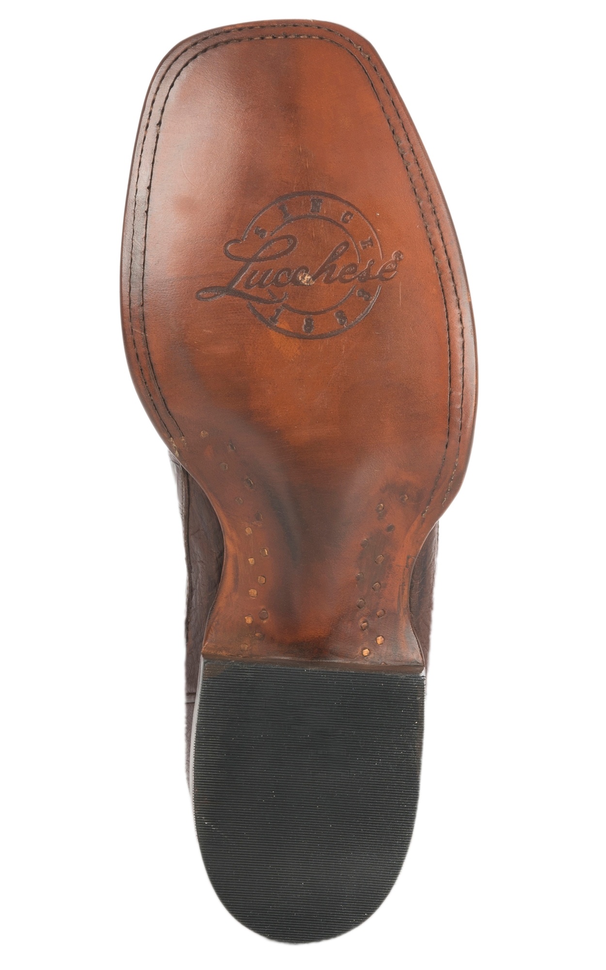 Lucchese Men's 1883 Barrel Brown Caiman Tail and Smooth Ostrich Square Toe Exotic Cowboy Boots - Image 1