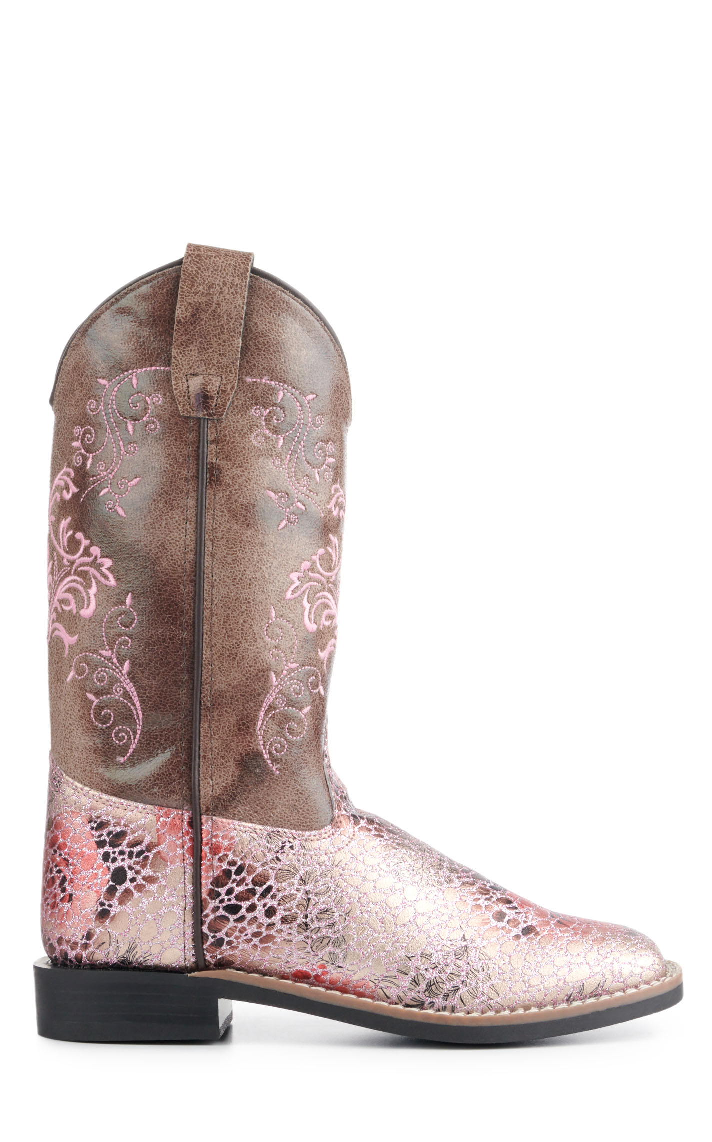 Old West Youth Brown and Crackle Antique Pink Square Toe Cowboy Boots - Image 1