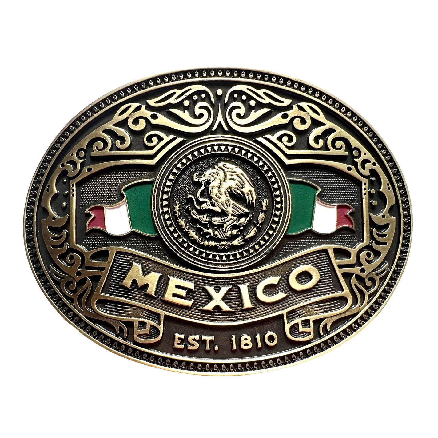 AndWest Antique Brass Mexico Flag Heritage Buckle - Image 1