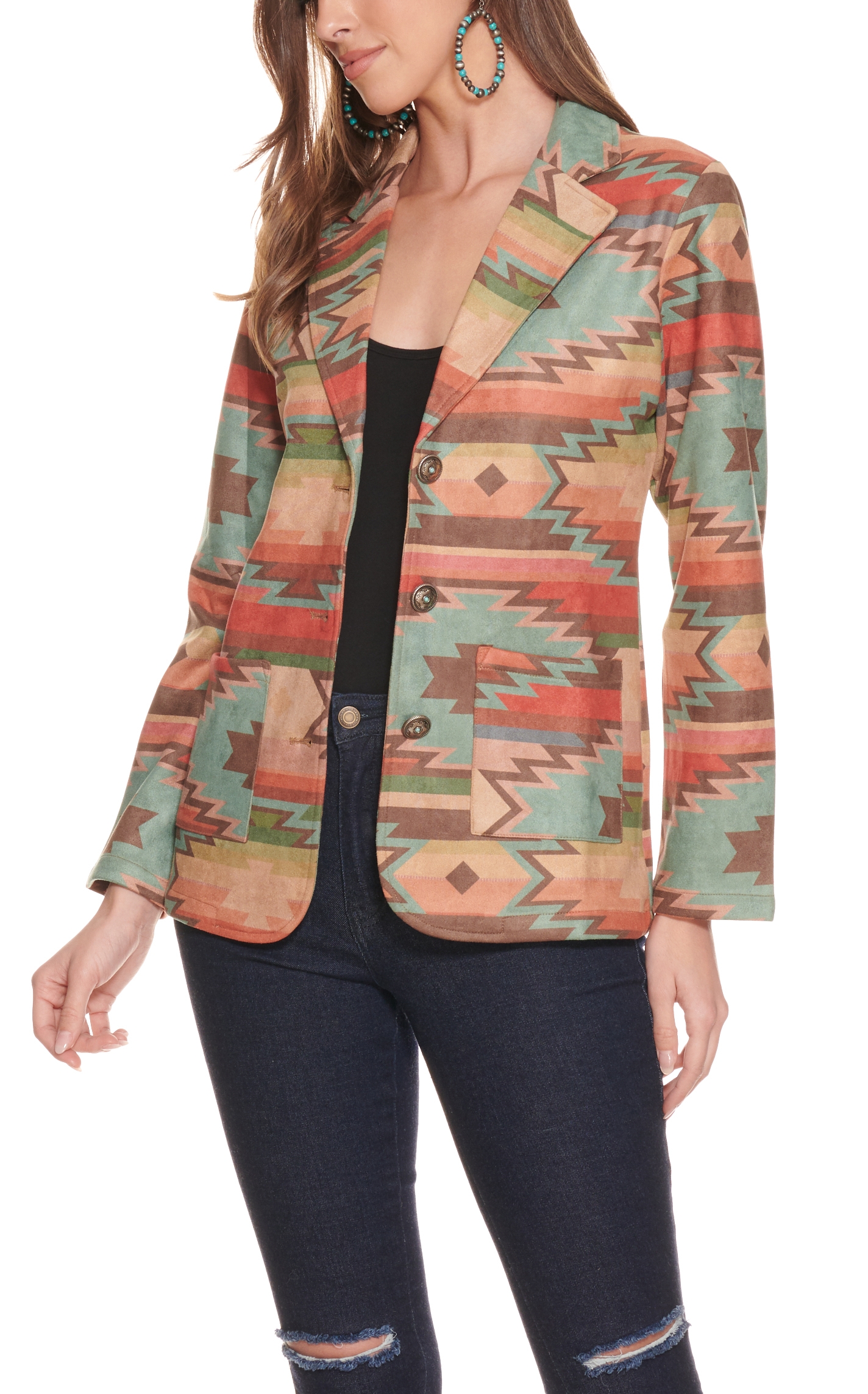 Fashion Express Women's Aztec Print Faux Suede Blazer - Image 1