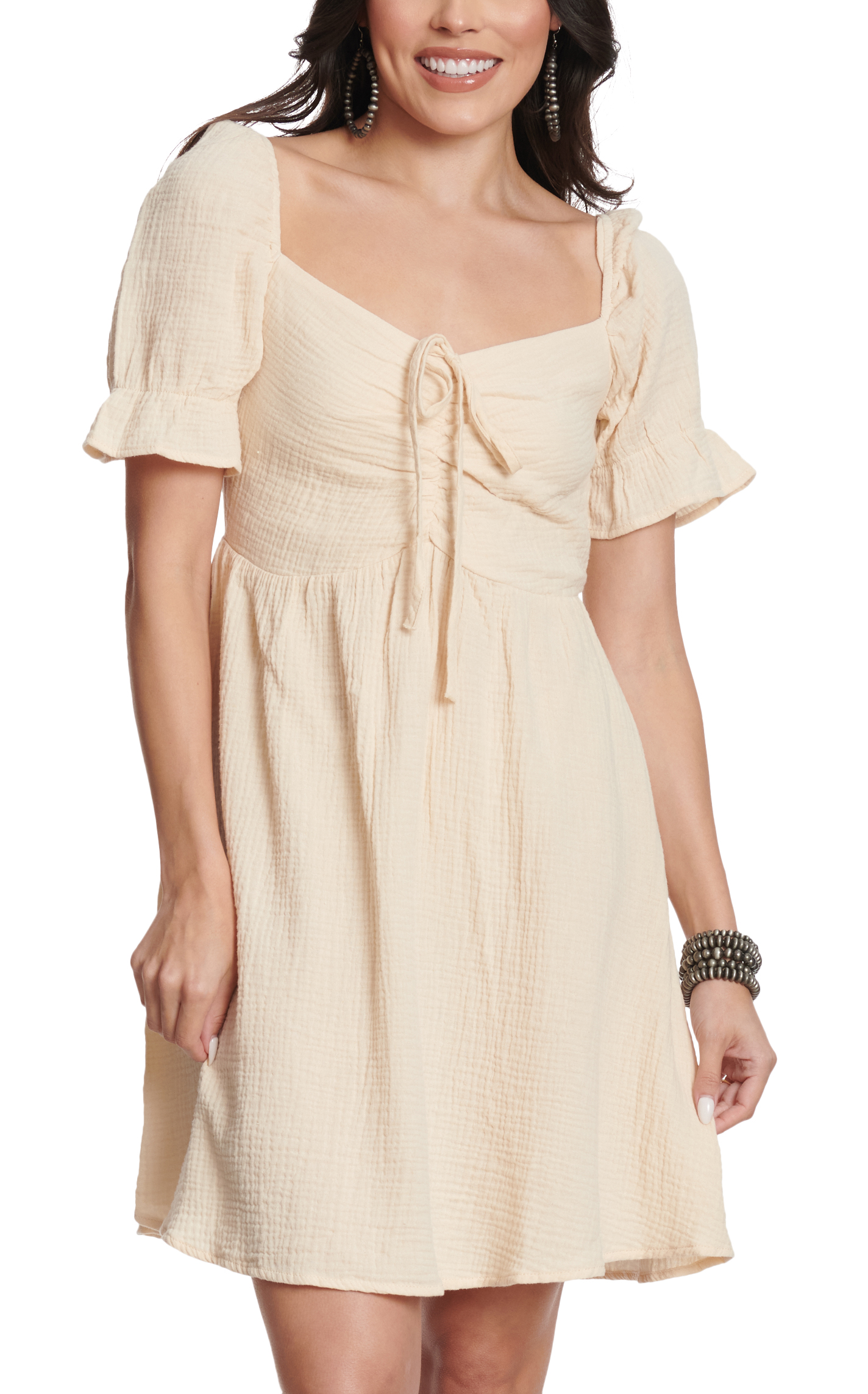 MAZIK Women's Sand Ruched Front Cotton Dress - Image 1