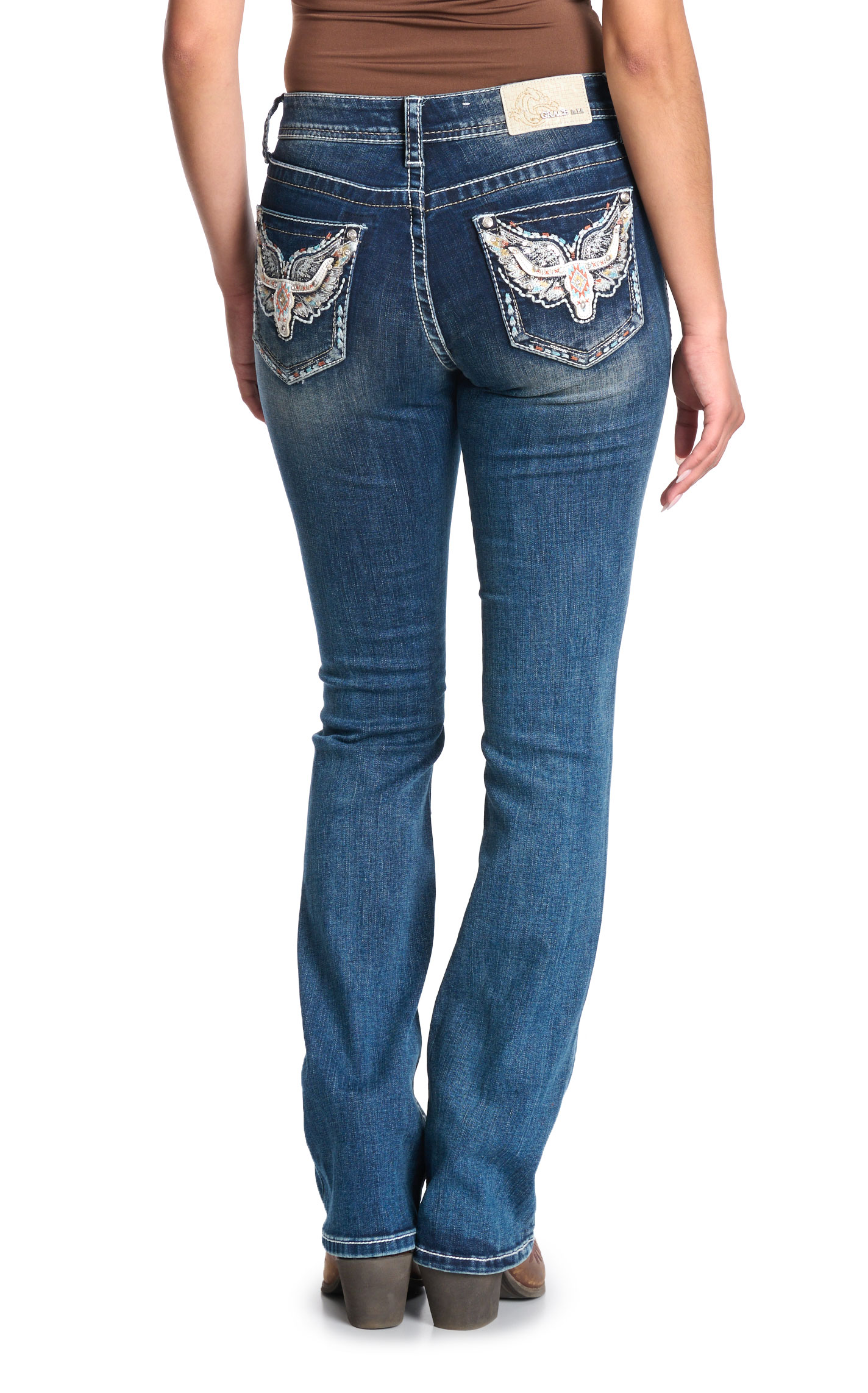 Grace in LA Women's Dark Wash Wings & Skulls Boot Cut Jeans - Image 1