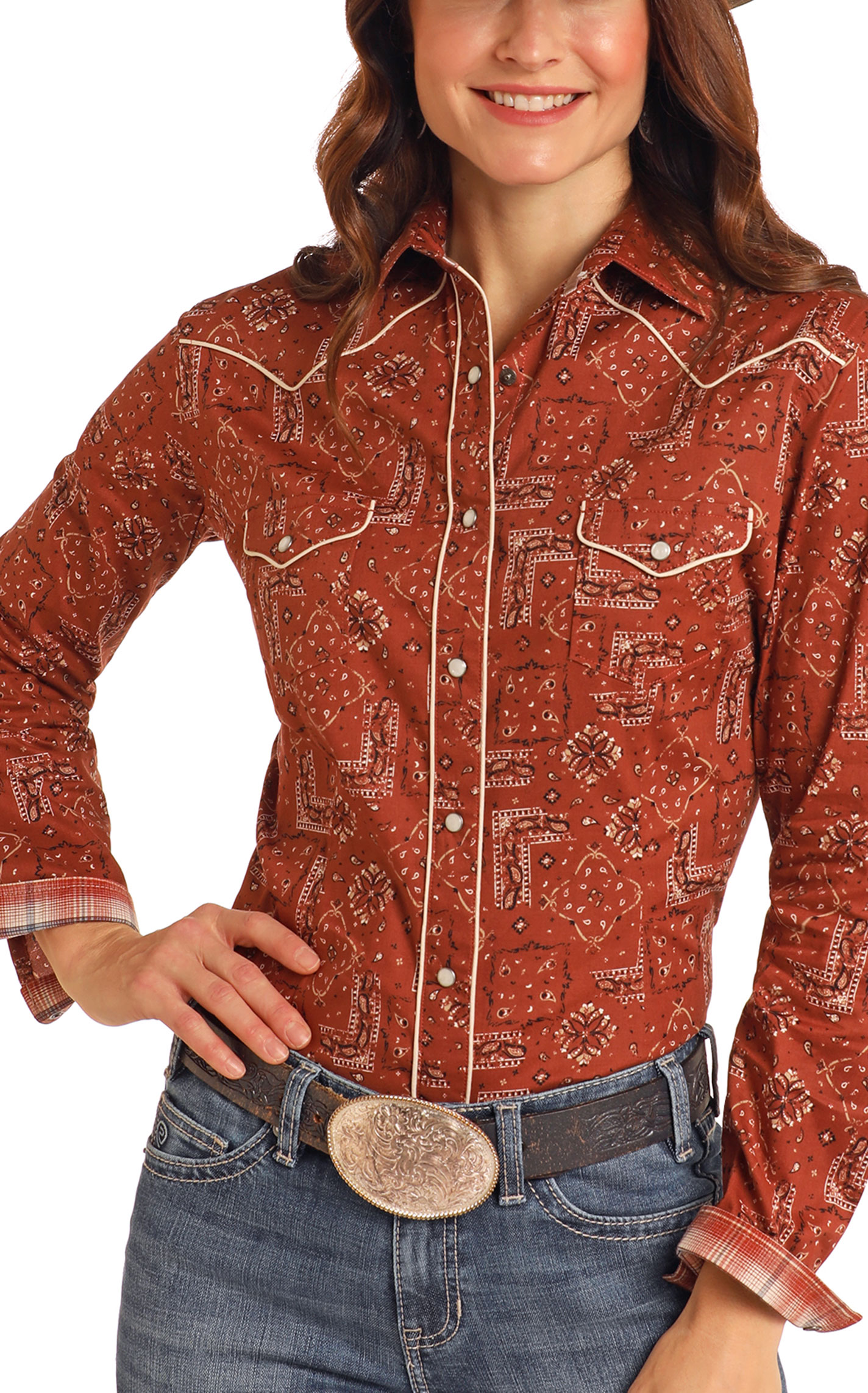 Panhandle Women's Rust Bandana Print Western Shirt - Image 1
