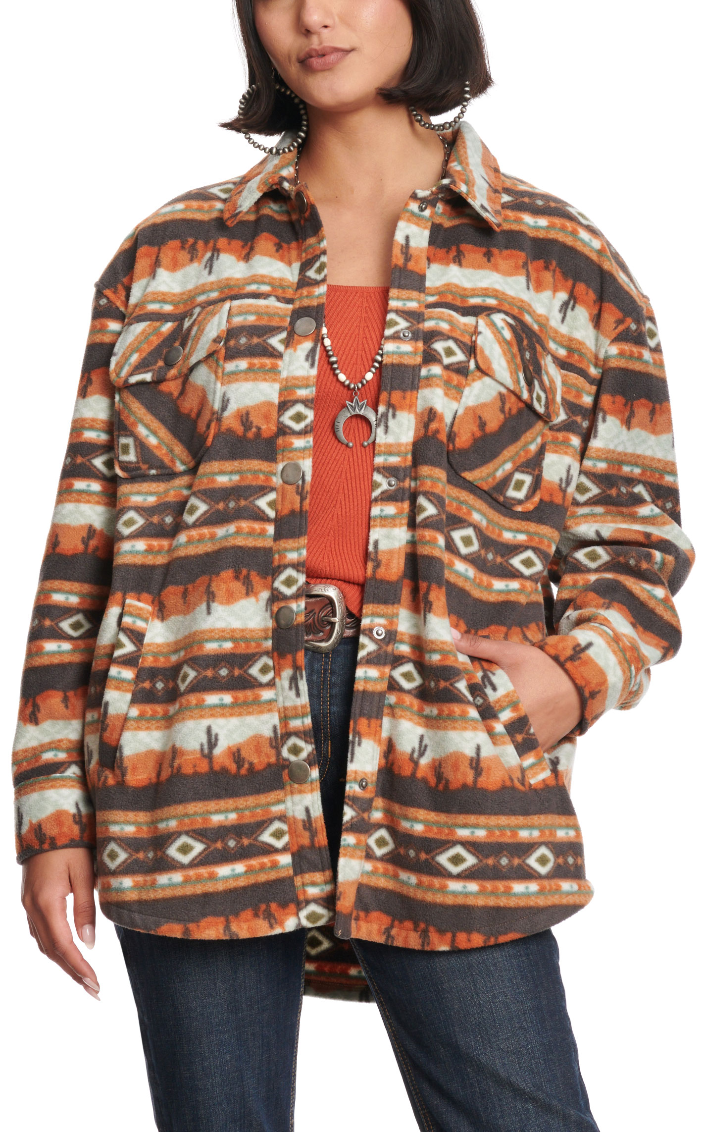 Rock & Roll Denim Women's Chocolate & Tangerine Desert Print Fleece Jacket - Image 1