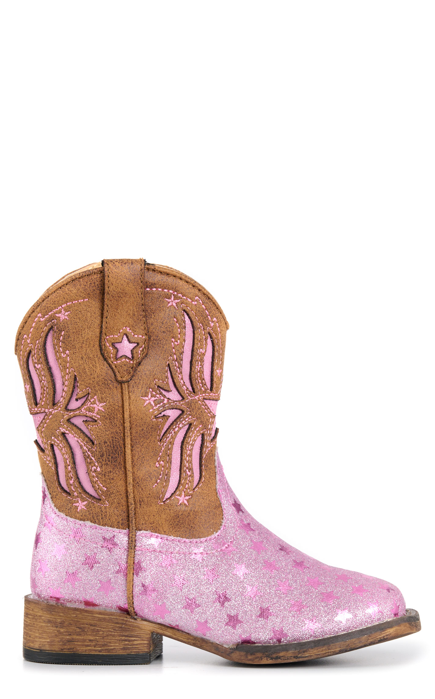 Roper Toddler’s Pink Glitter and Brown Starlet Leather Short Square Toe Cowboy Boots - Image 1