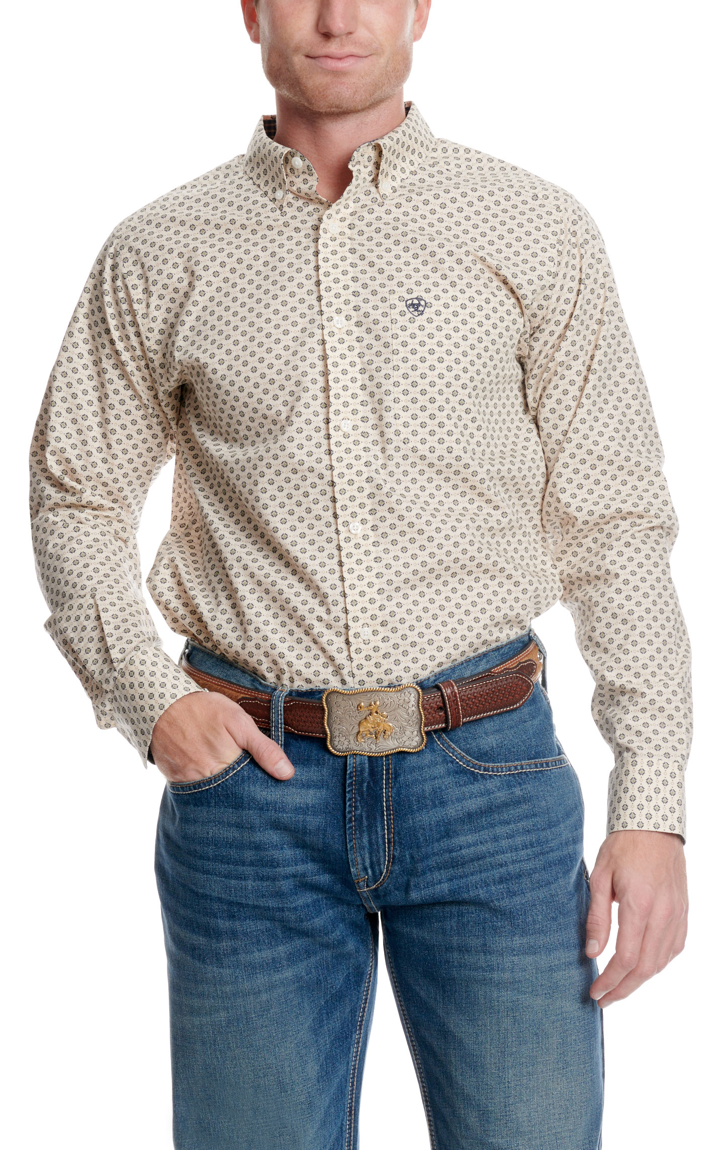 Ariat Men's Fraiser Buttery Cream & Navy Geo Print Western Shirt - Image 1