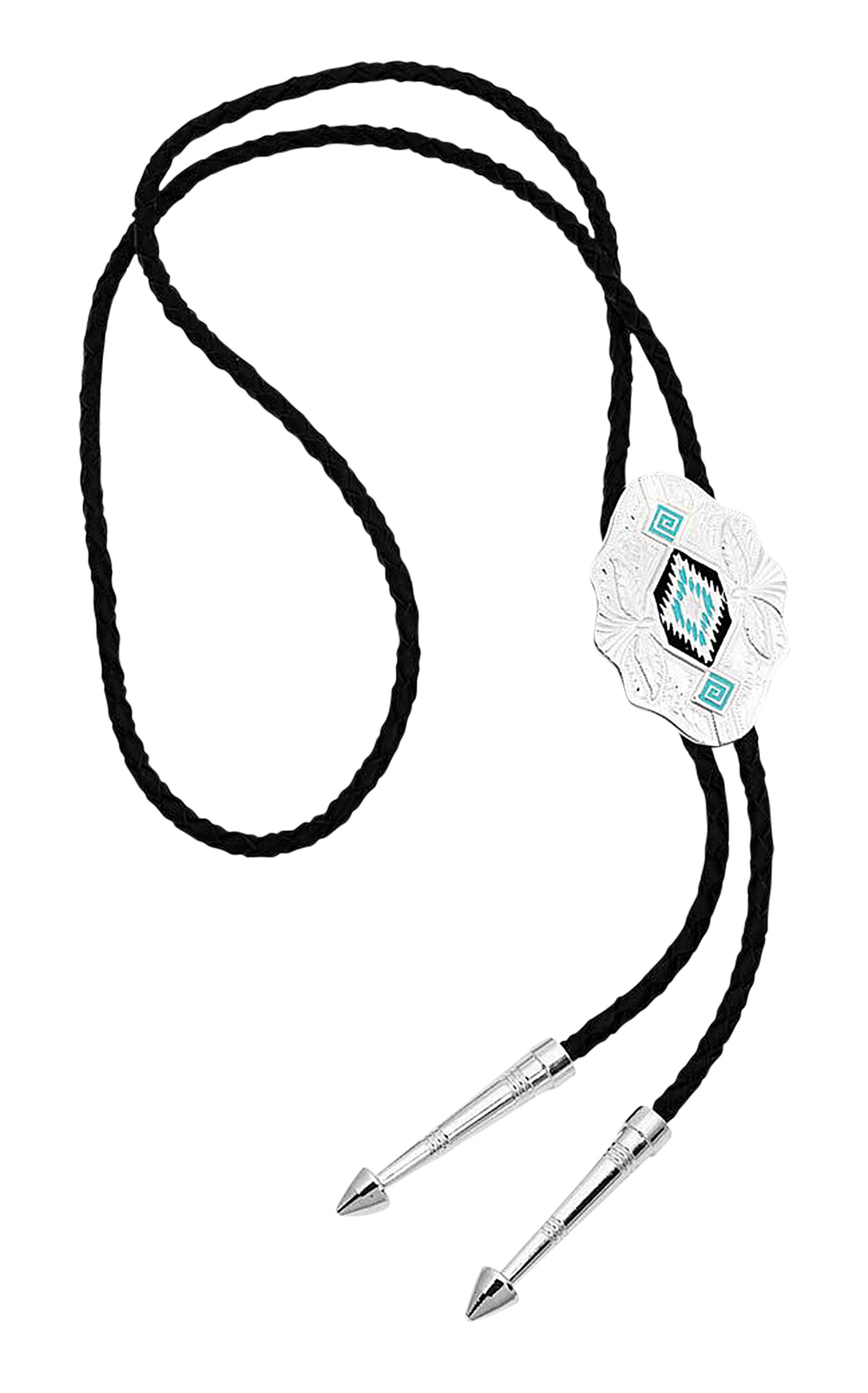 Montana Silversmiths Silver Etched Aztec Turquoise Black Leather Bolo Tie  - Image 1