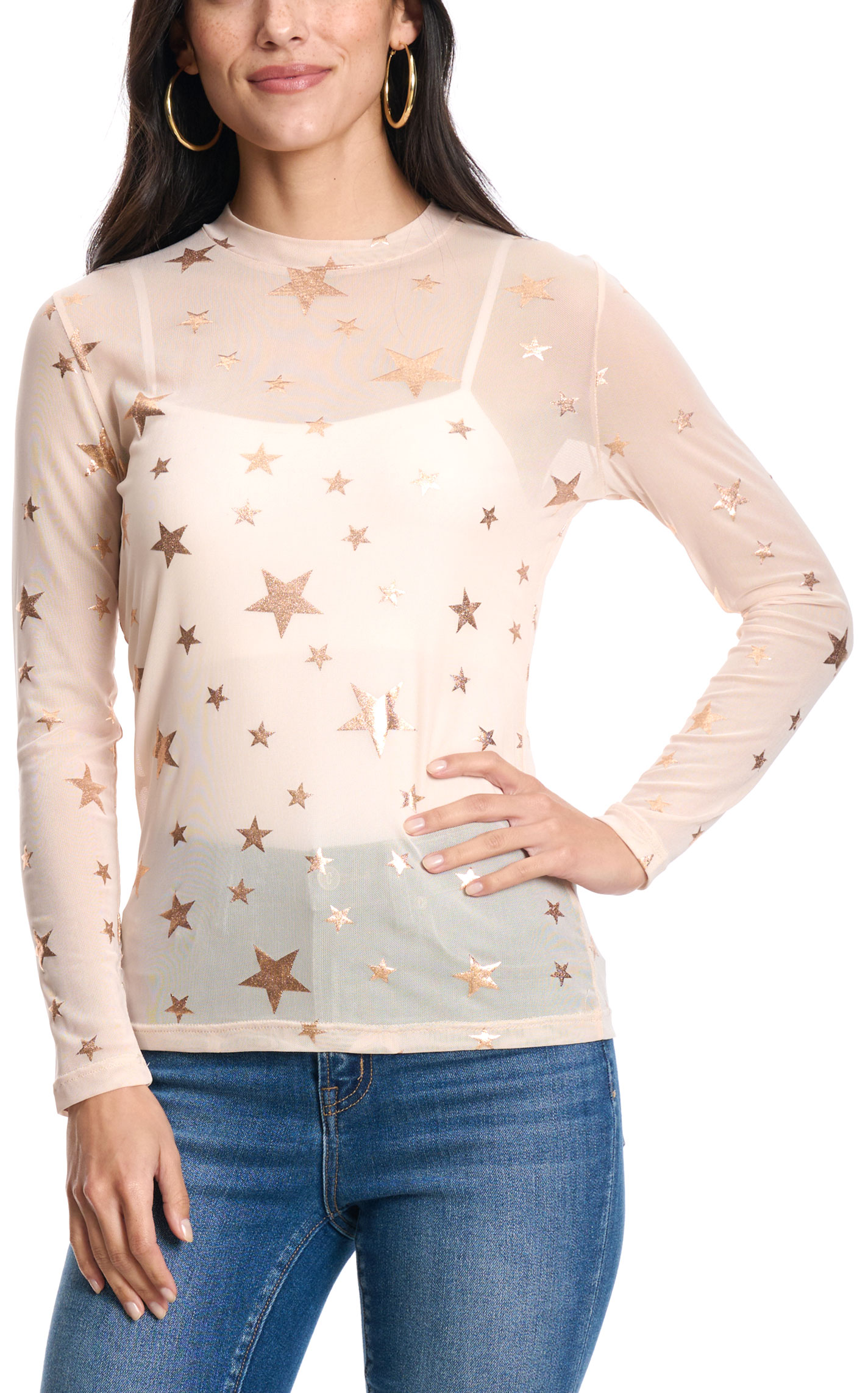 Turquoise Haven Women's Cream Rose Gold Star Fine Mesh Top - Image 1