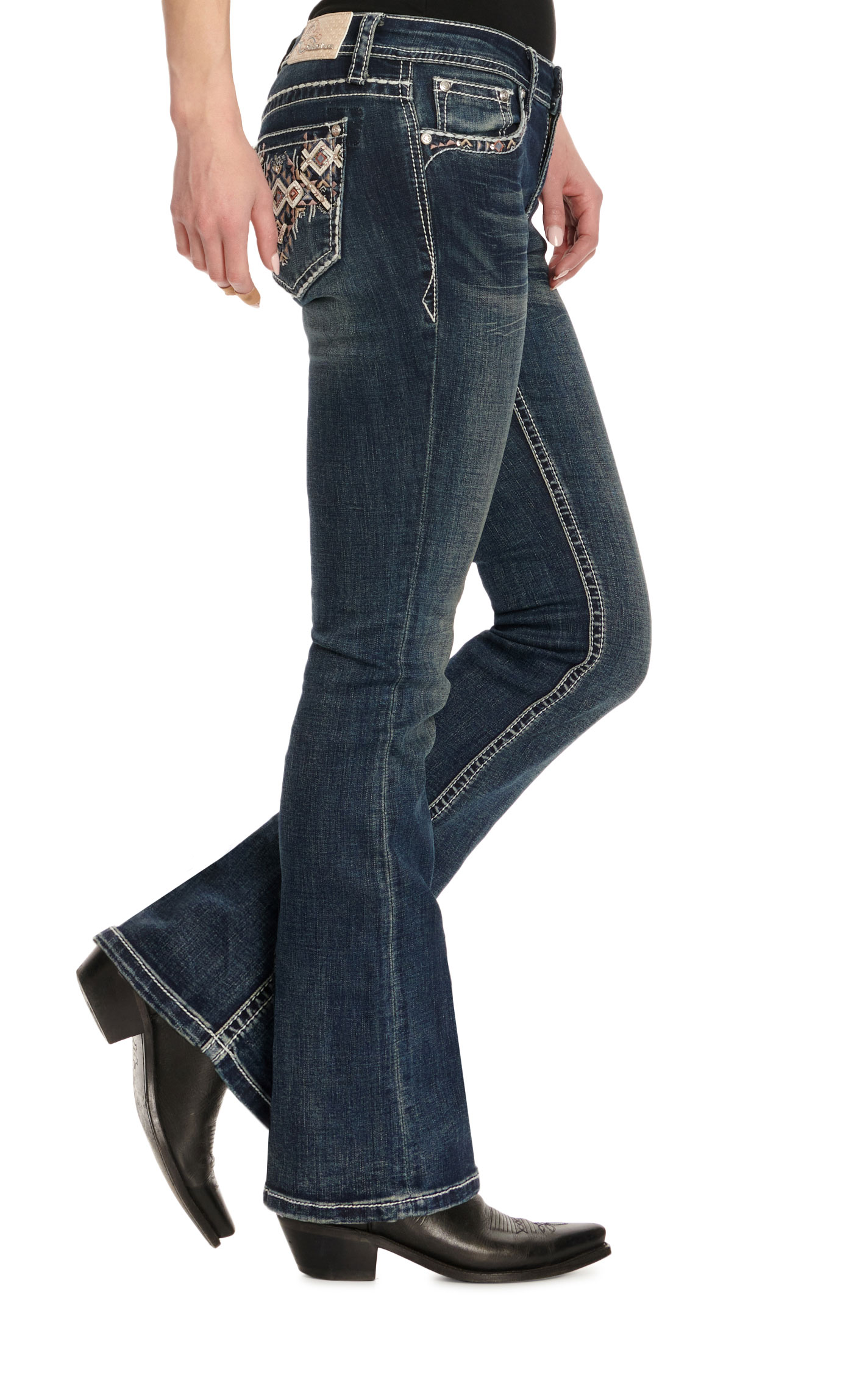 Grace in LA Women's Medium Wash Diamond Aztec Pocket Easy Fit Boot Cut Jeans - 32\