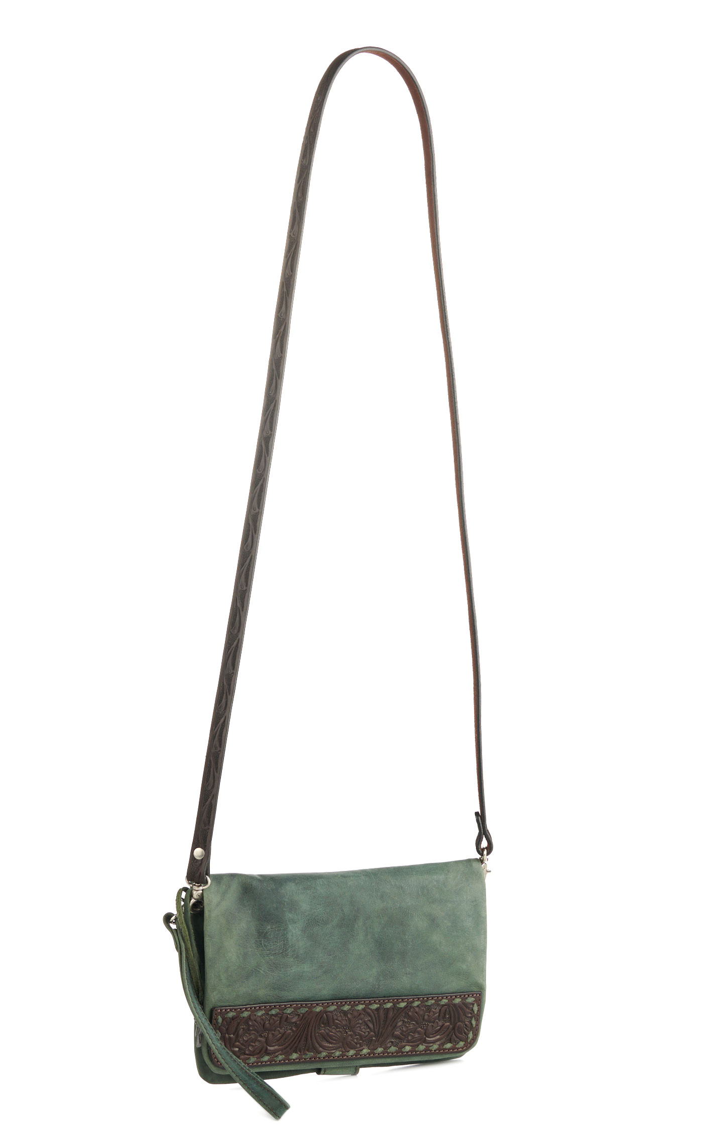 Angel Ranch Dark Sage Leather & Floral Tooled Chocolate Leather Clutch Bag - Image 1