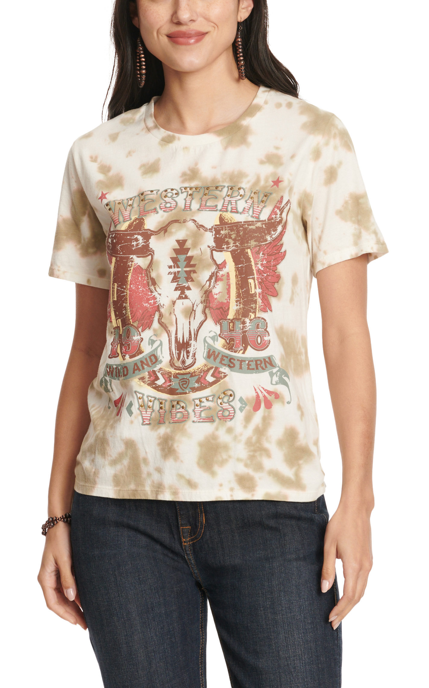 Rock & Roll Denim Denim Women's Green Tie Dye Western Vibes Logo Graphic T-Shirt - Image 1