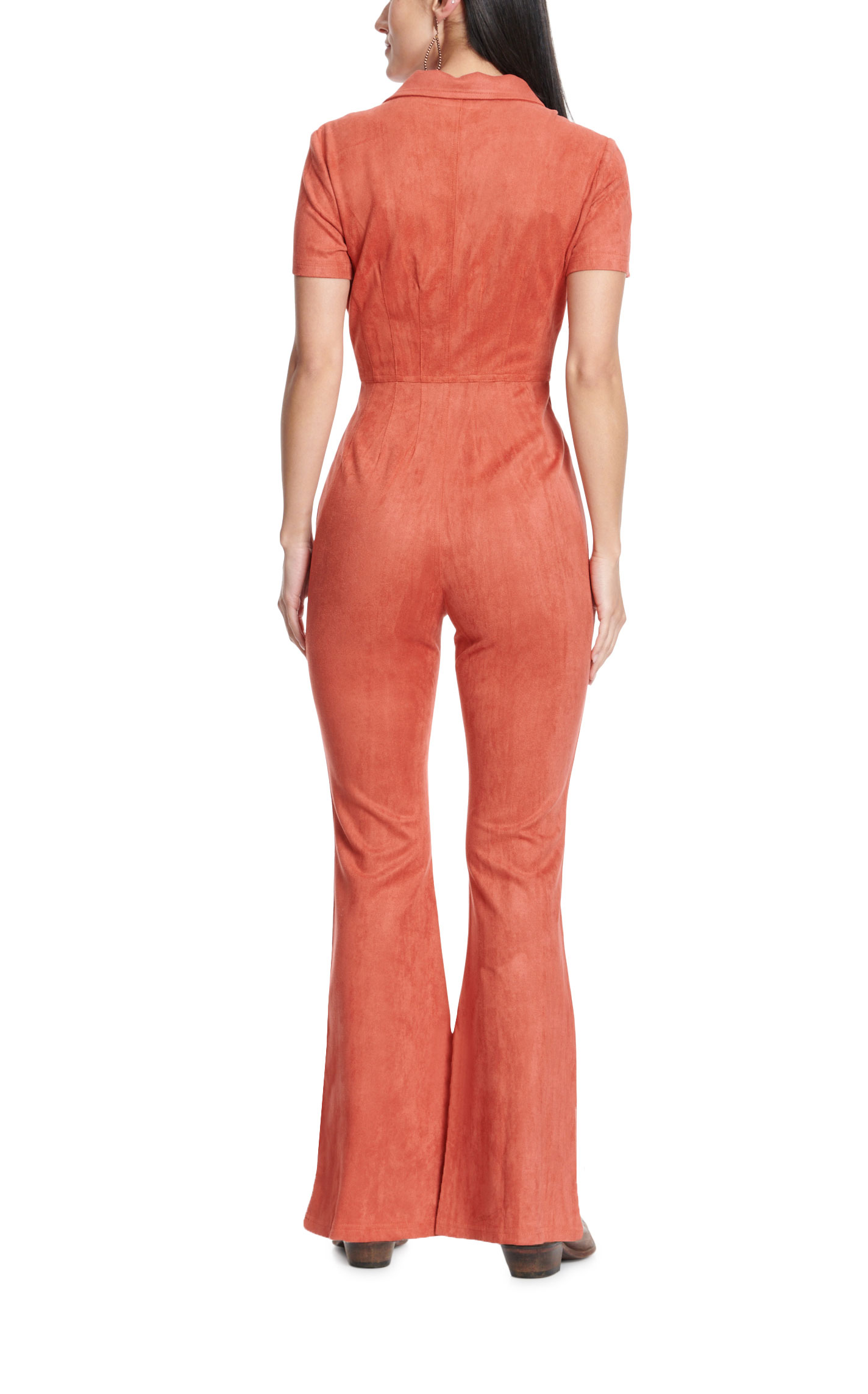 Fashion Express Women's Rosy Rust Faux Suede Short Sleeve Flare Leg Jumpsuit - Image 1