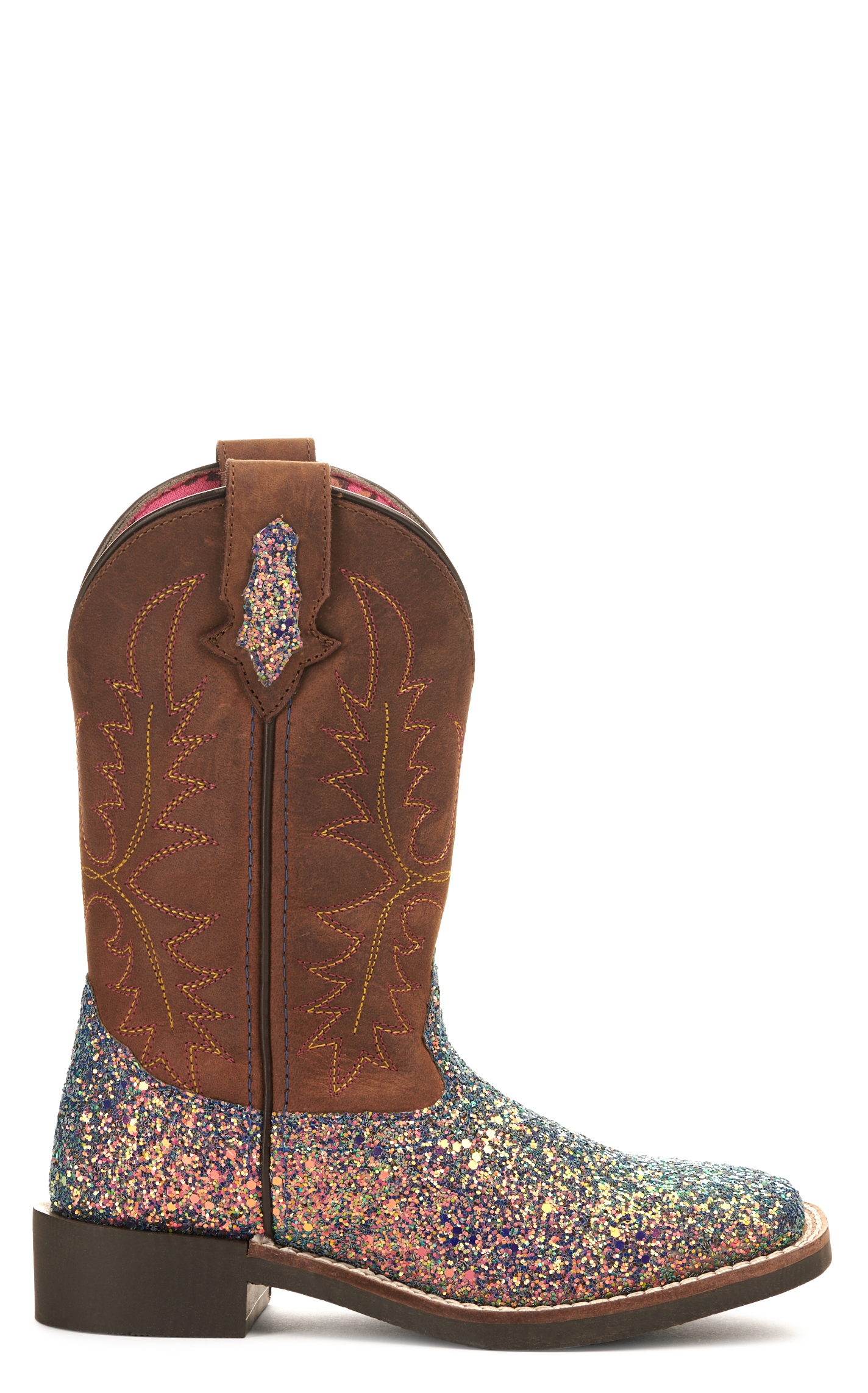 Smoky Mountain Girls Crazy Horse Brown and Mermaid Glitter Wide Square Toe Cowboy Boot - Image 1