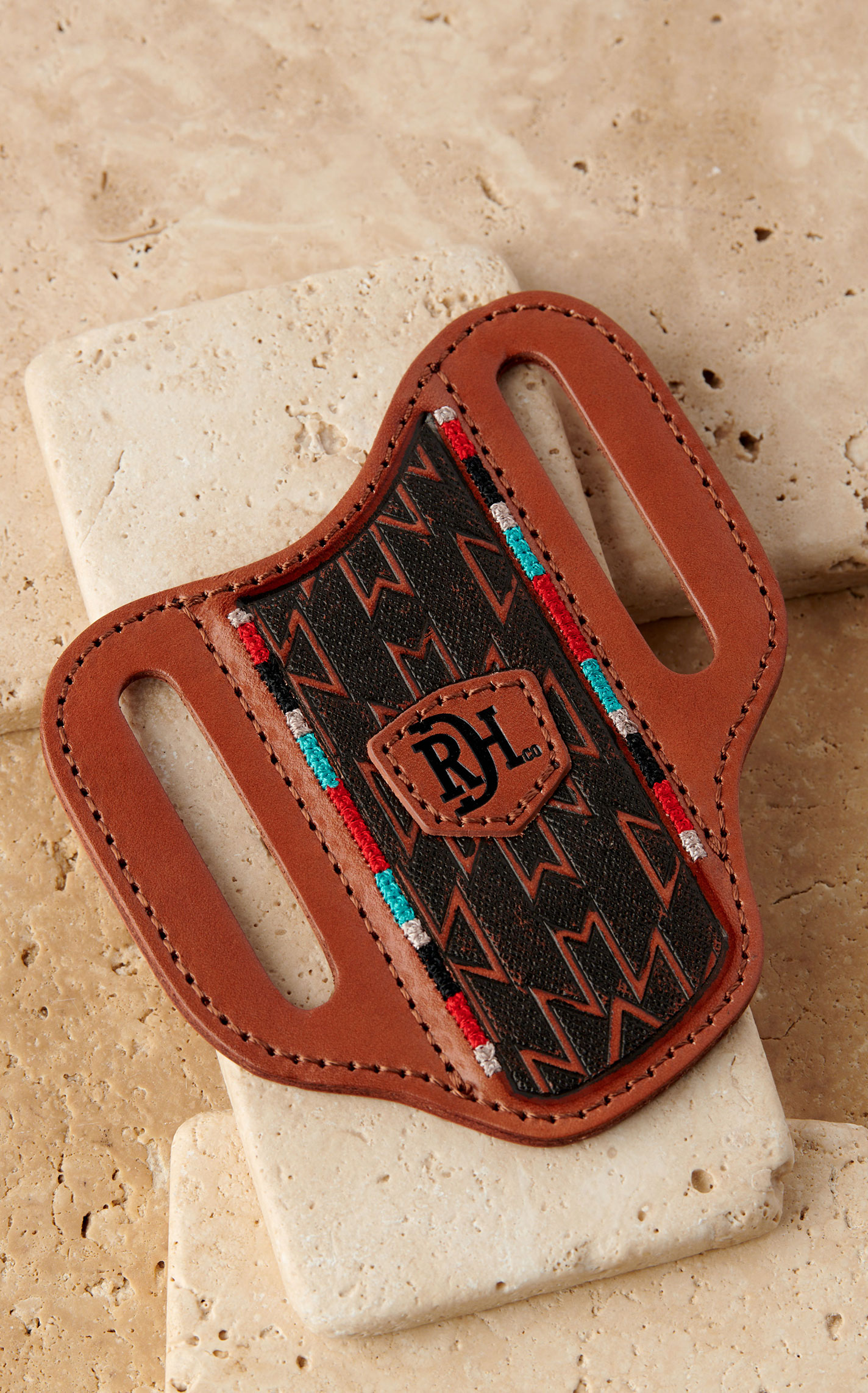 Red Dirt Hat Co. Genuine Leather Aztec Colorful Stitching Pancake Knife Sheath  - Image 1
