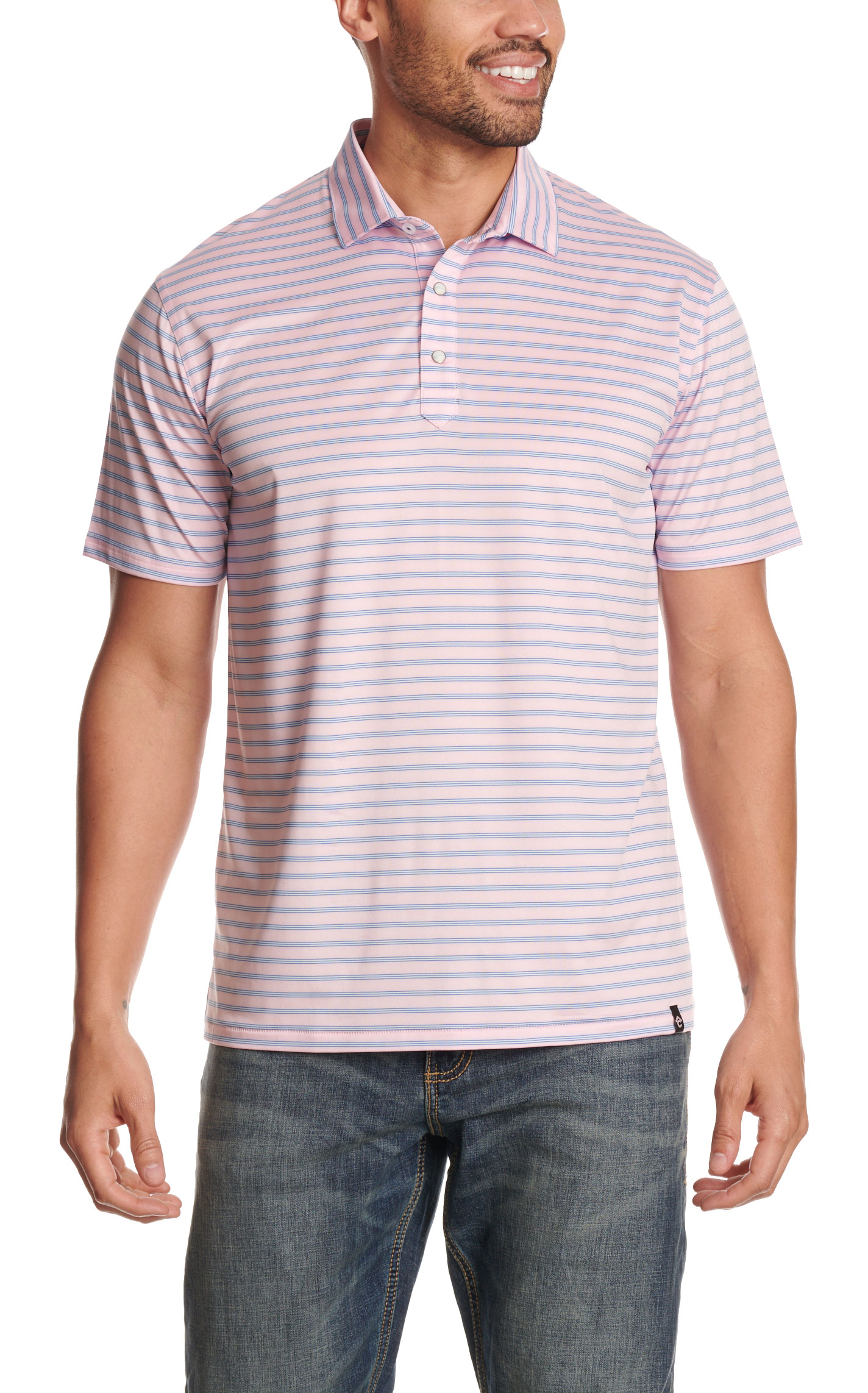 Rafter C Men's Pink & Blue Striped Performance Polo Shirt - Image 1