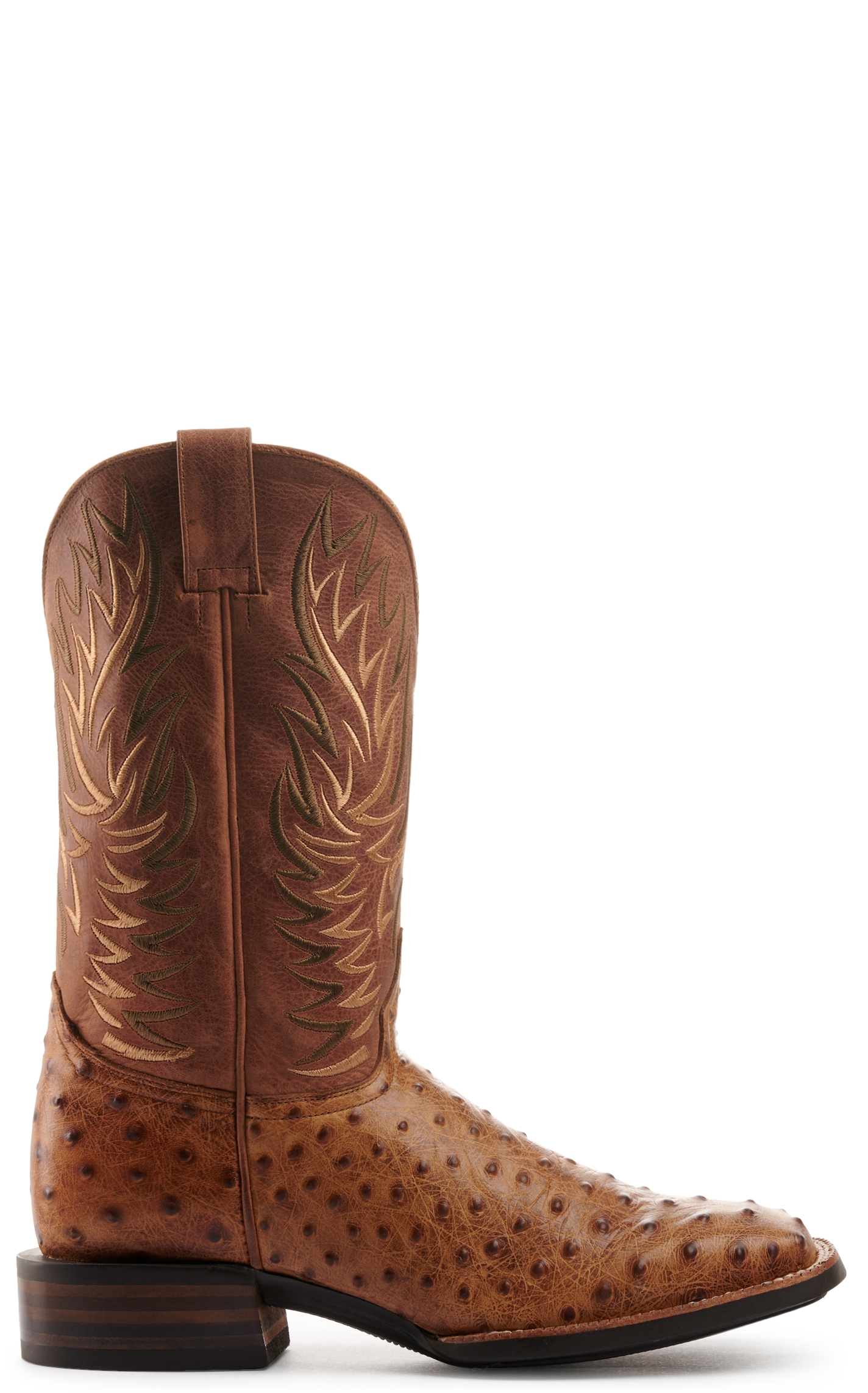 Cavender's Men's Intrepid Brass and Aleman Antique Tan Ostrich Print Wide Square Toe Cowboy Boots - Image 1