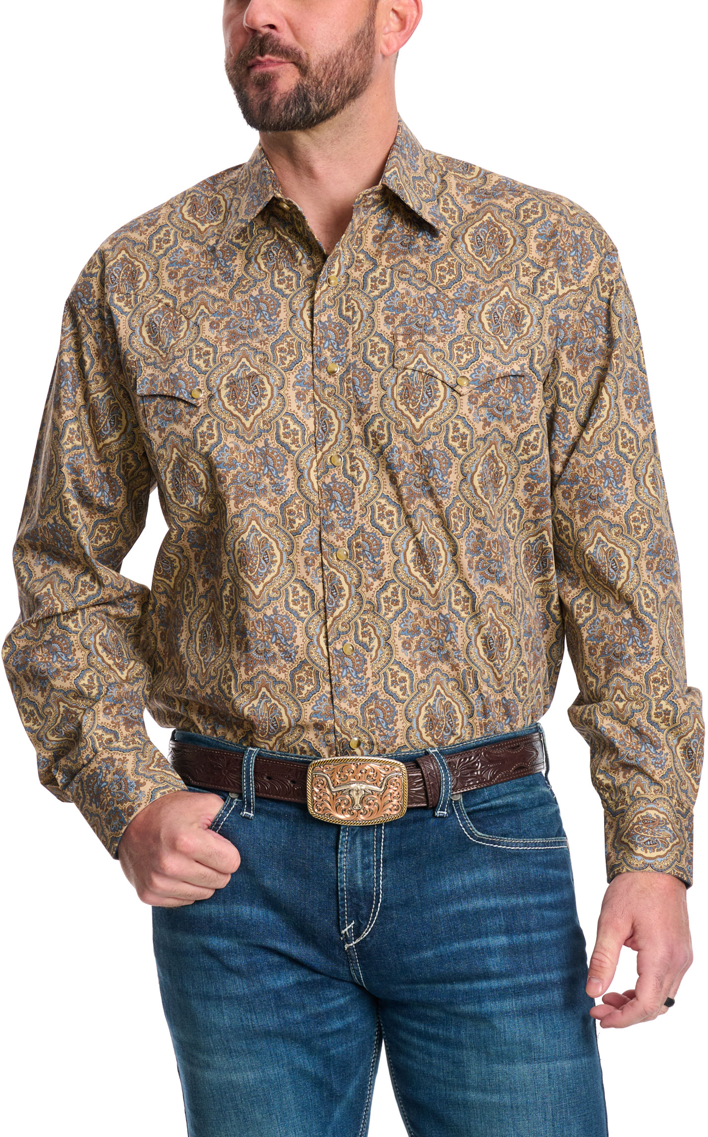 Stetson Men's Mocha & Blue Medallion Western Shirt - Image 1