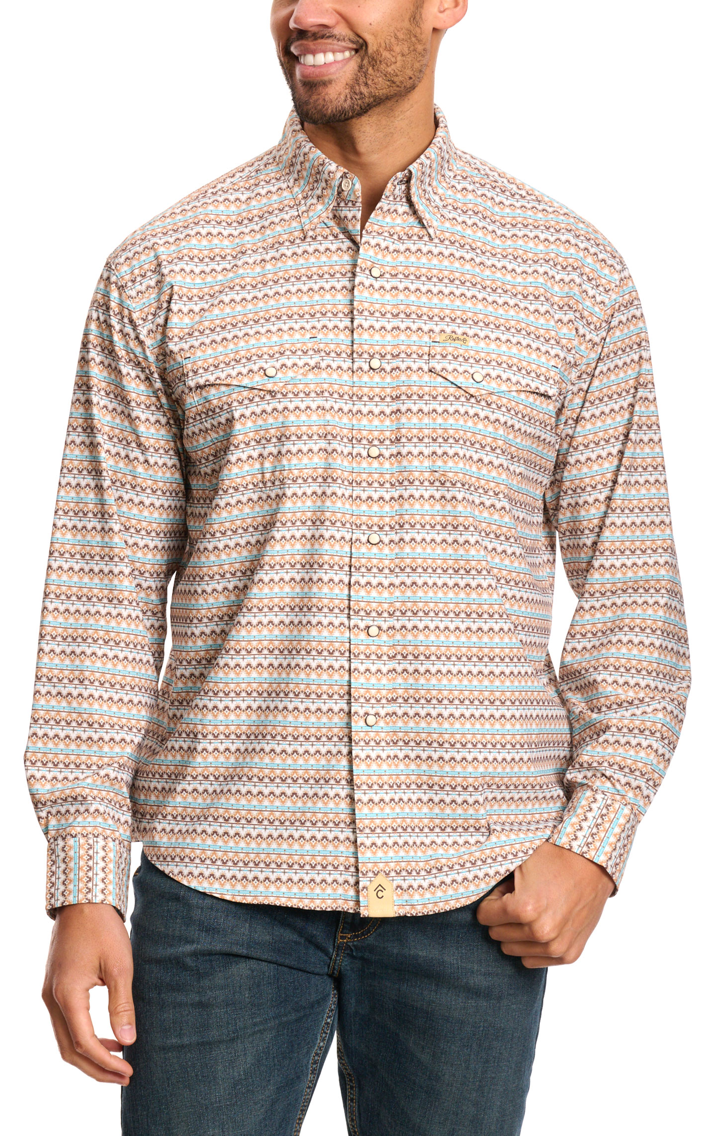 Rafter C Outdoors Men's Coffee Turquoise Aztec Fishing Shirt - Image 1