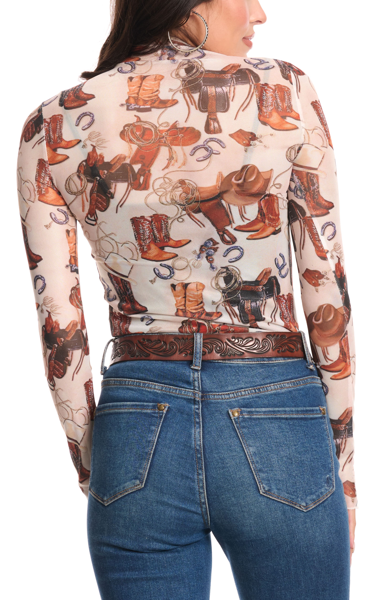 Rockin' C Women's Cream & Coffee Western Print Mesh Top - Image 1