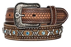 Ariat Men's Brown Barbed Wire and Calf Hair with Light Blue Studs Western Belt - Image 1