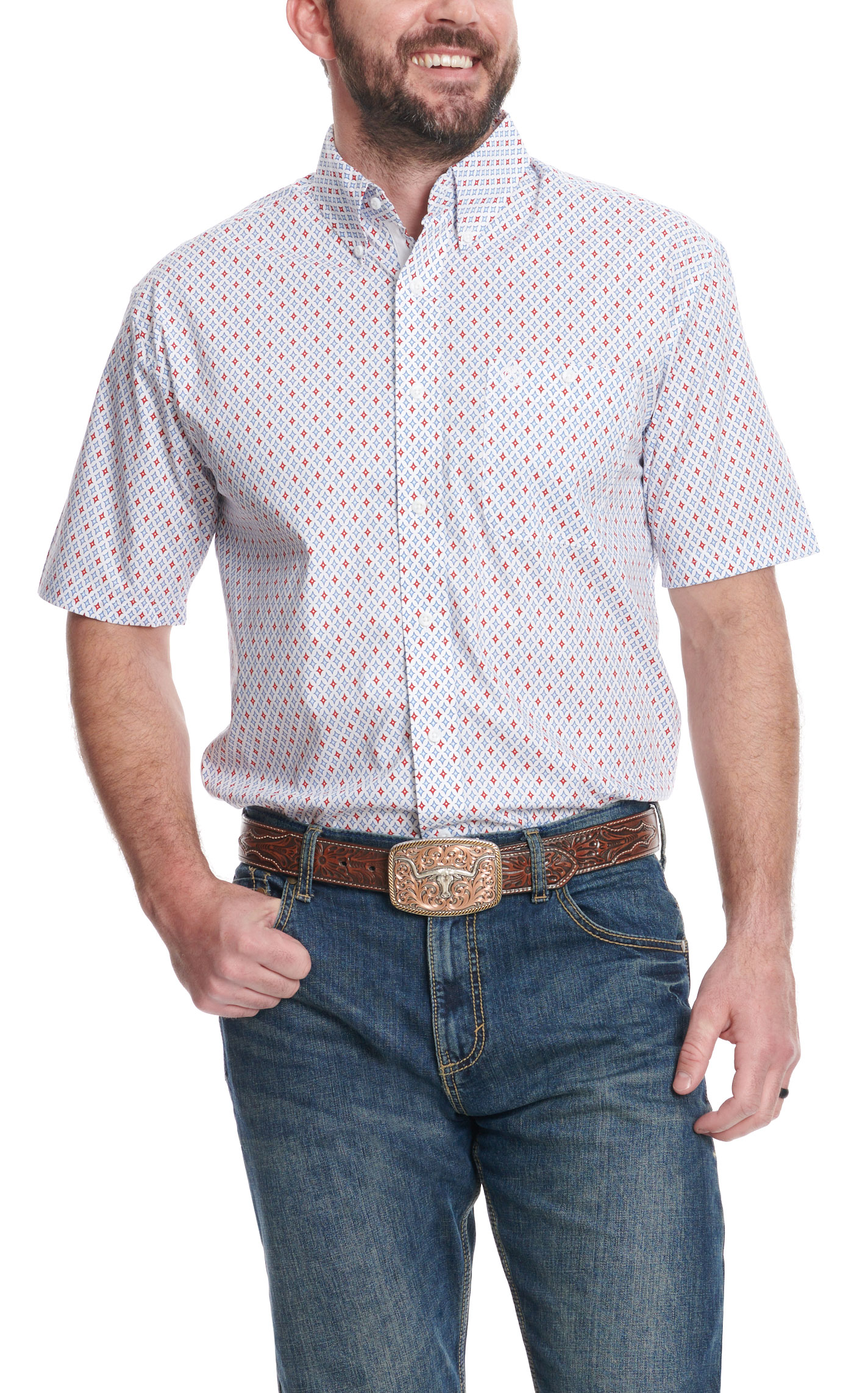 Wrangler Men's George Strait Collection Red & Blue Diamond Geo Western Shirt - Image 1