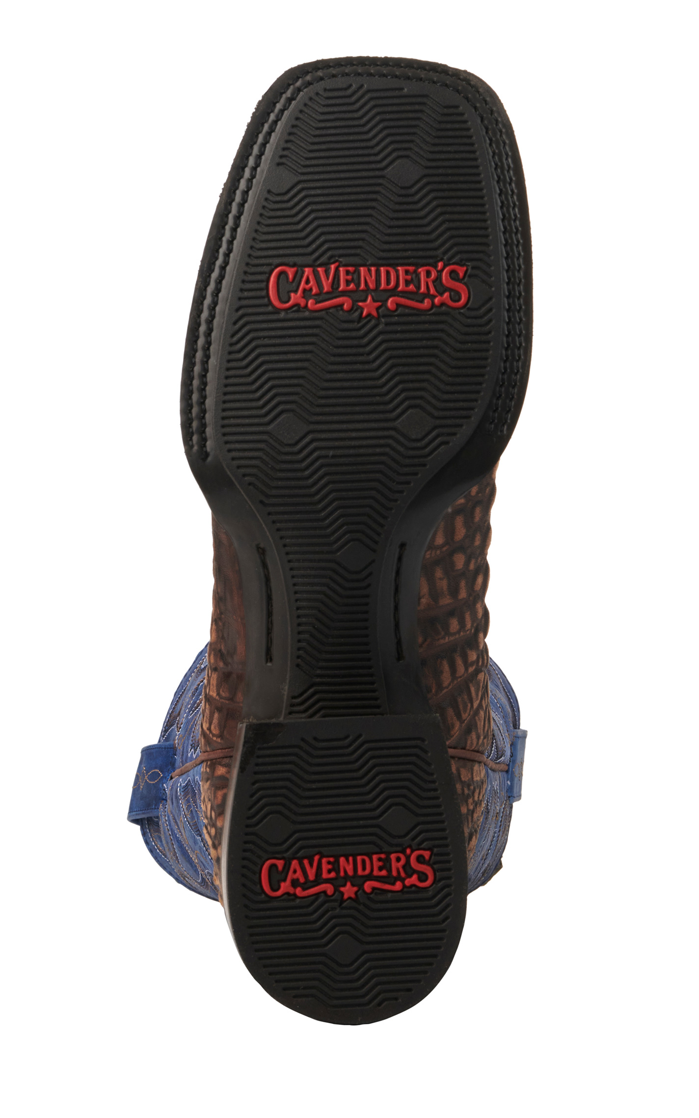 Cavender's Men's Intrepid Rustic Chocolate Caiman Print and Blue Wide Square Toe Cowboy Boots - Image 1