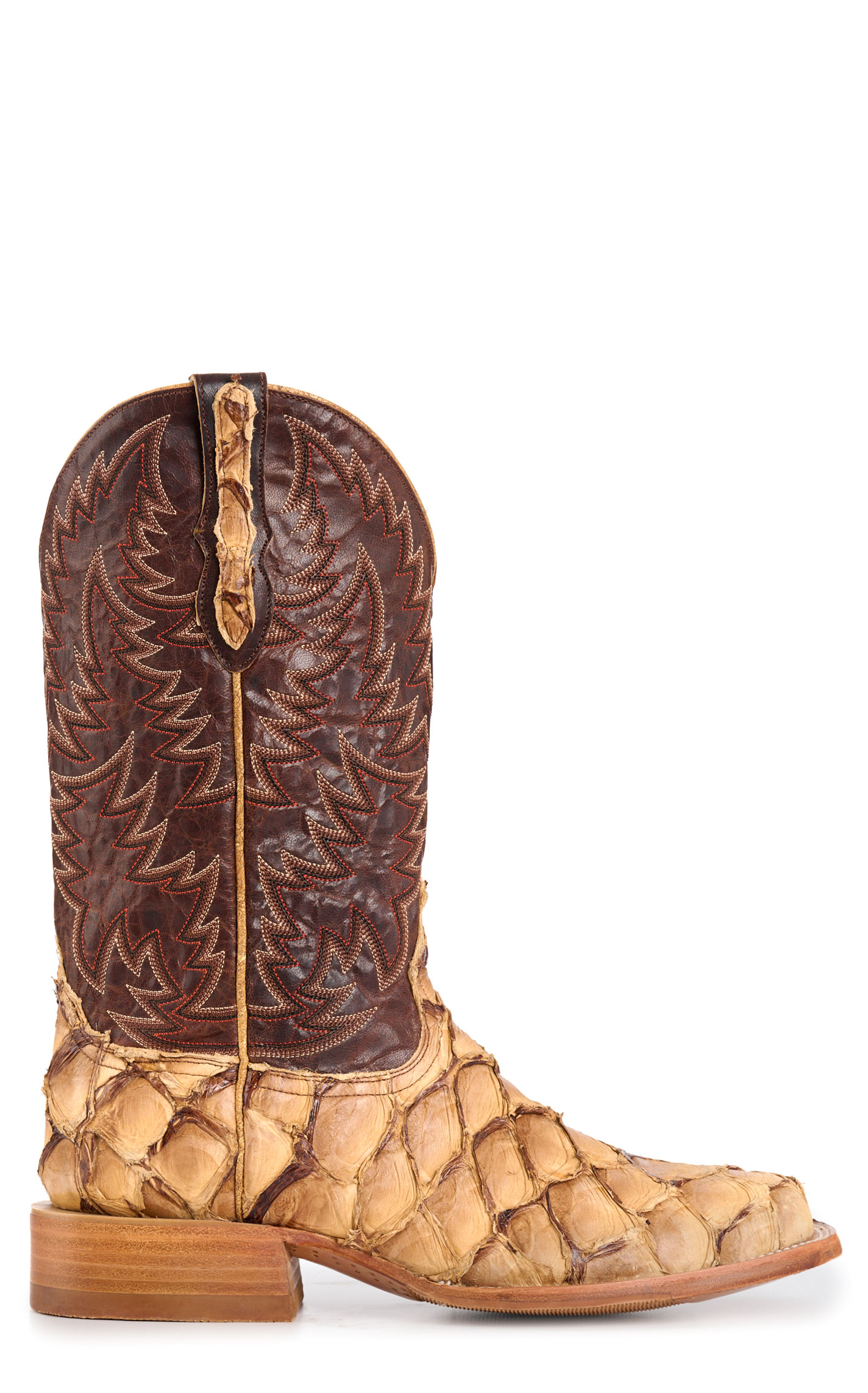 Cavender’s Men’s Brass and Caramel Pirarucu Wide Square Toe Exotic Cowboy Boots - Image 1