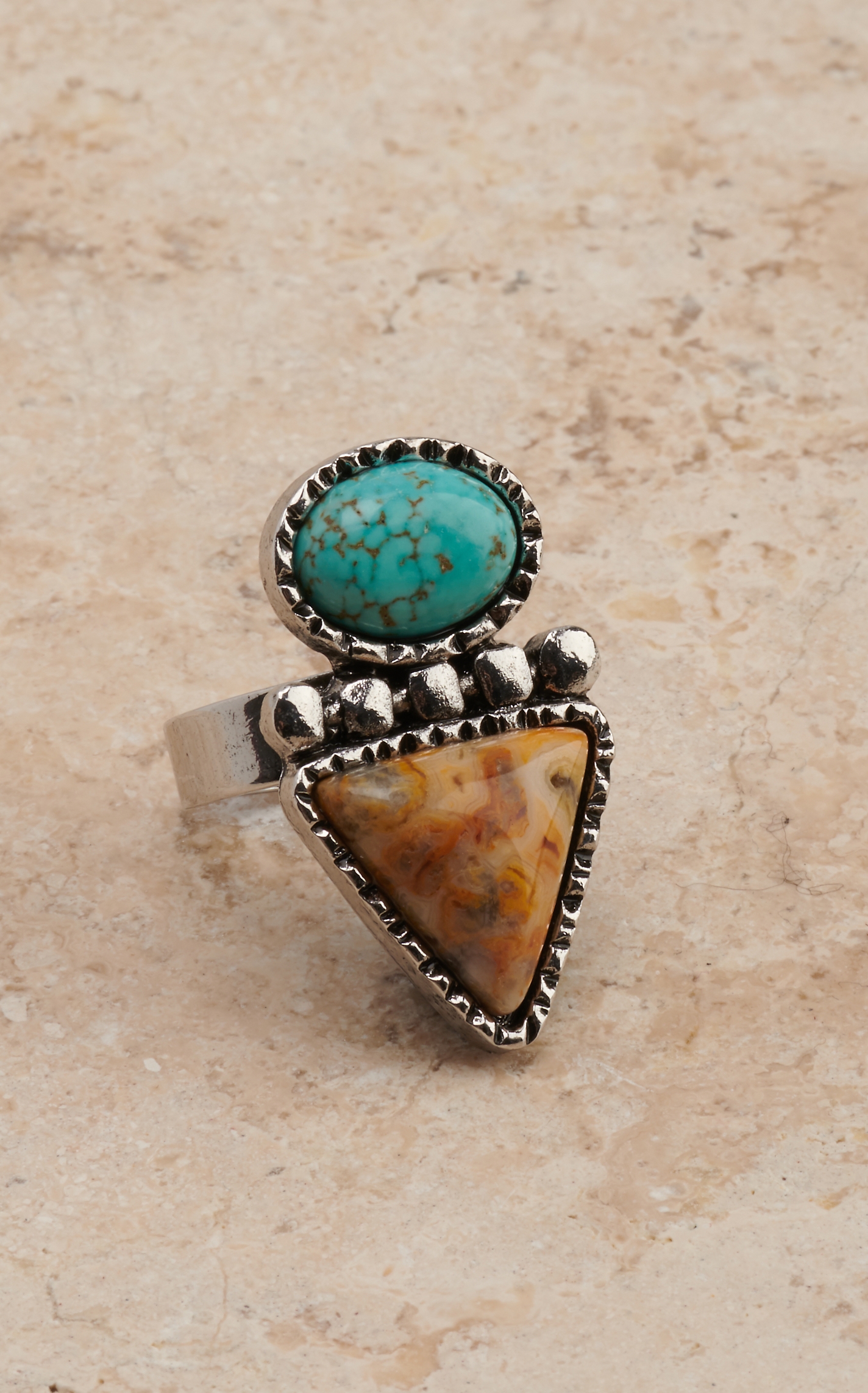 Cowgirl Confetti Lone Mountain Jasper Triangle and Turquoise Circle Silver Ring - Image 1