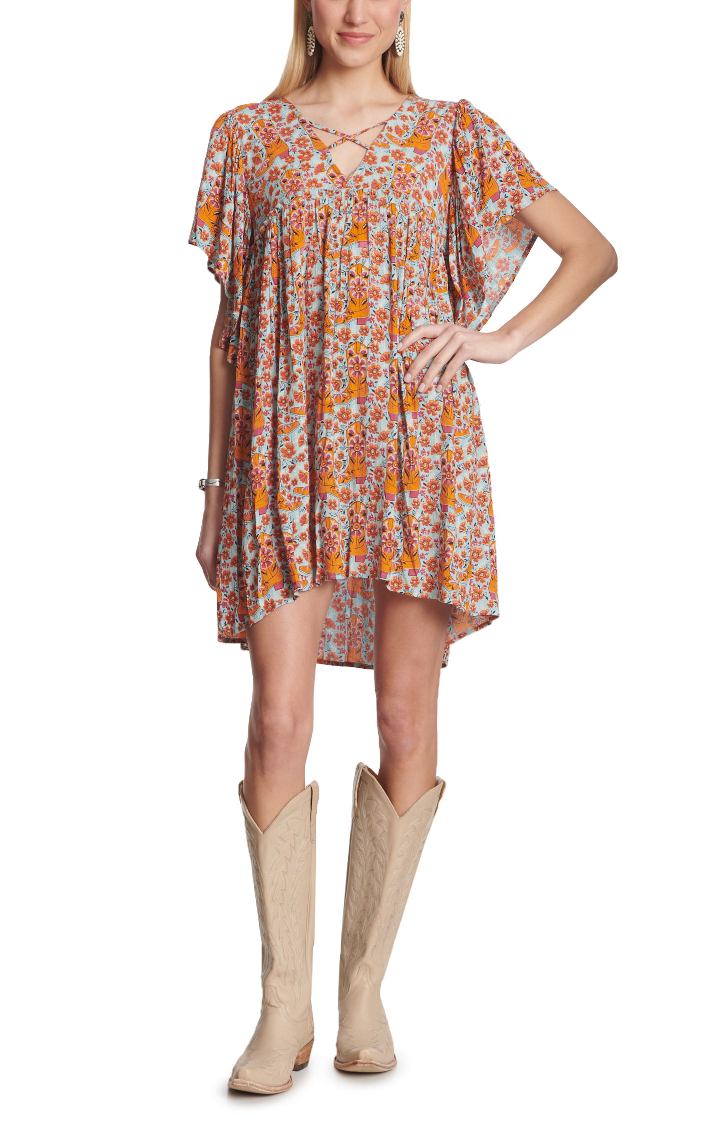Rockin C Women's Orange & Pink Floral Boot Print Dress - Image 1
