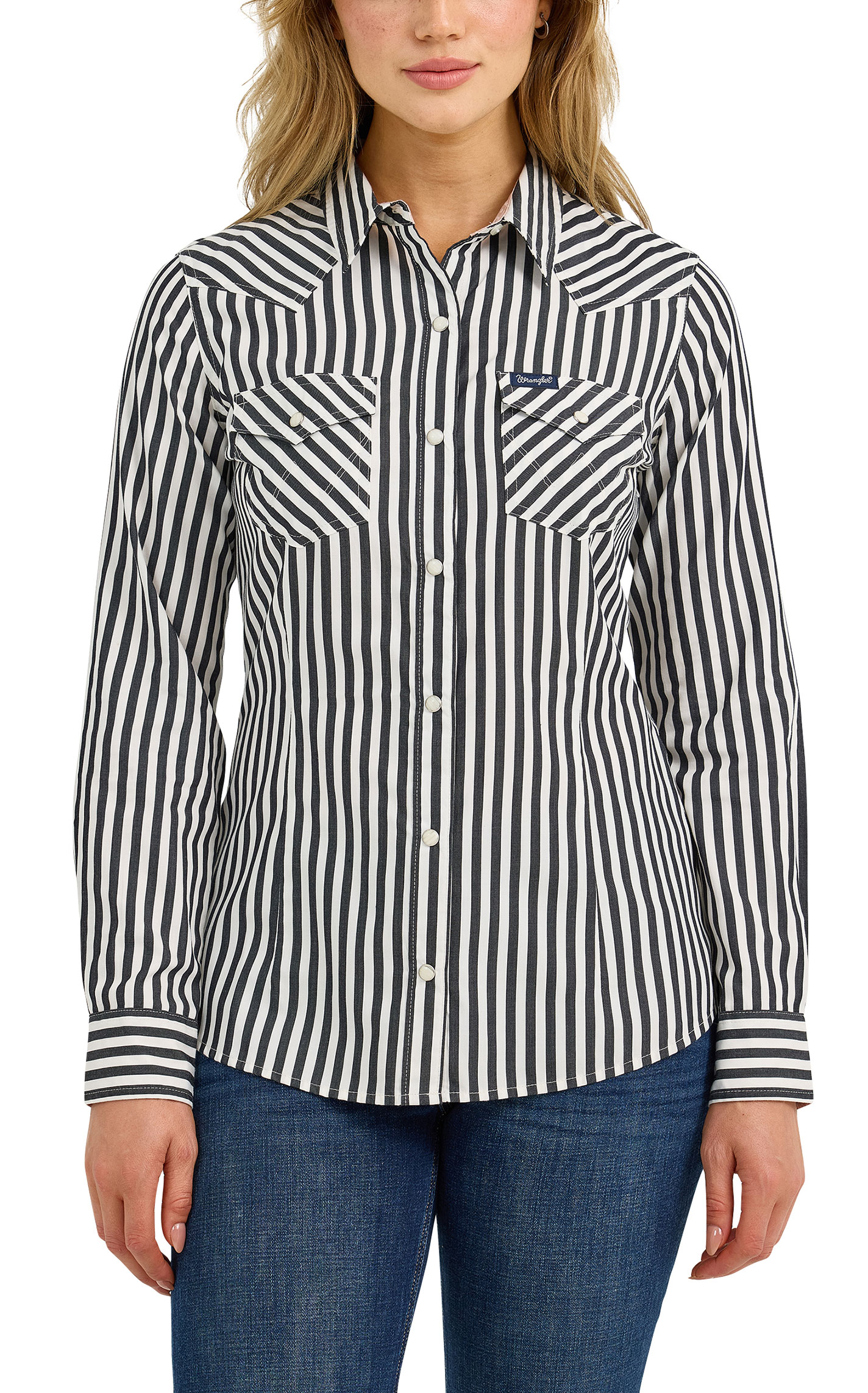 Wrangler Retro Women's Gray & White Stripe Long Sleeve Western Shirt - Image 4
