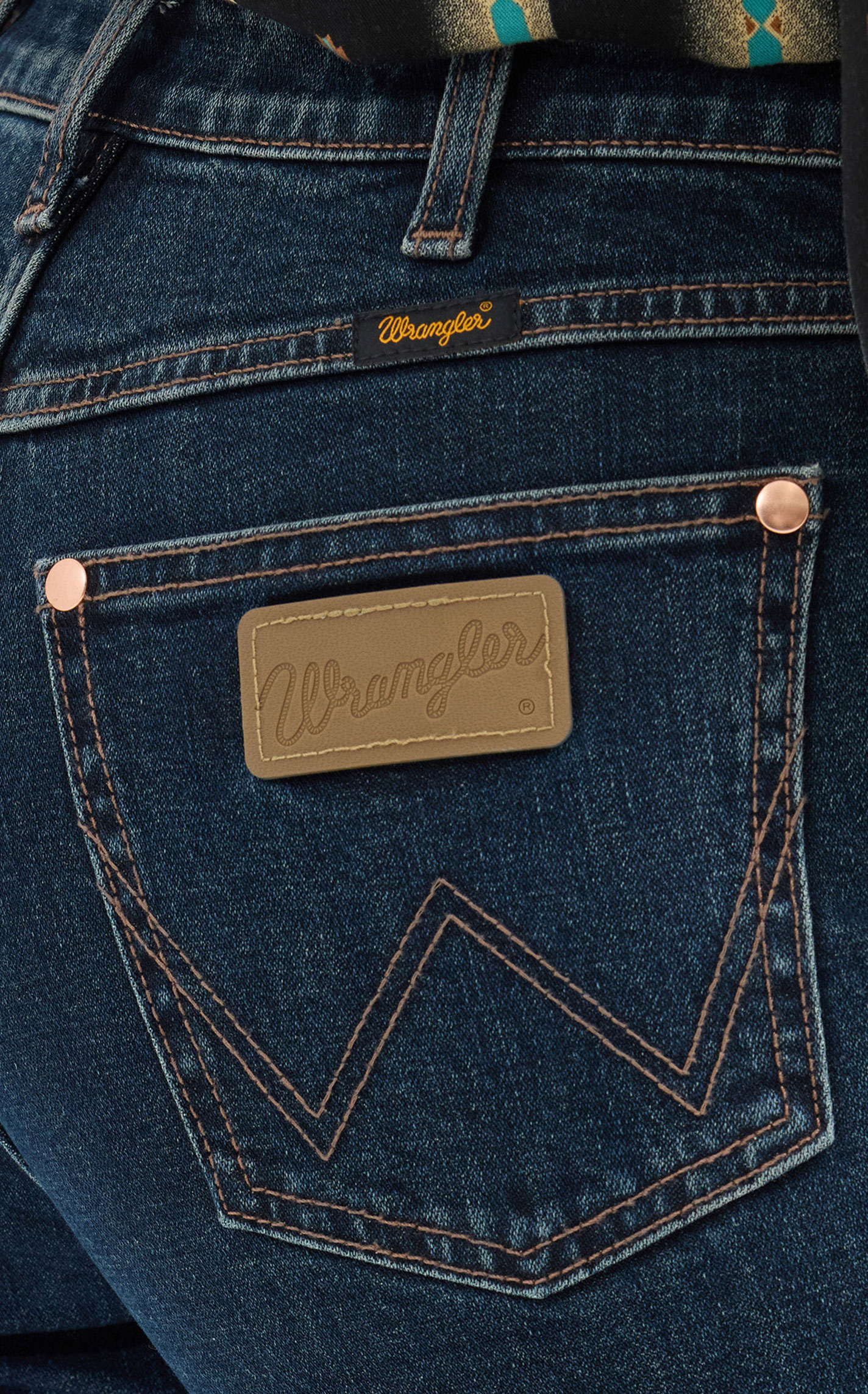 Wrangler X Lainey Wilson Women's Dark Wash Maroon Boot Stitch Bell Bottom Jeans - Image 1