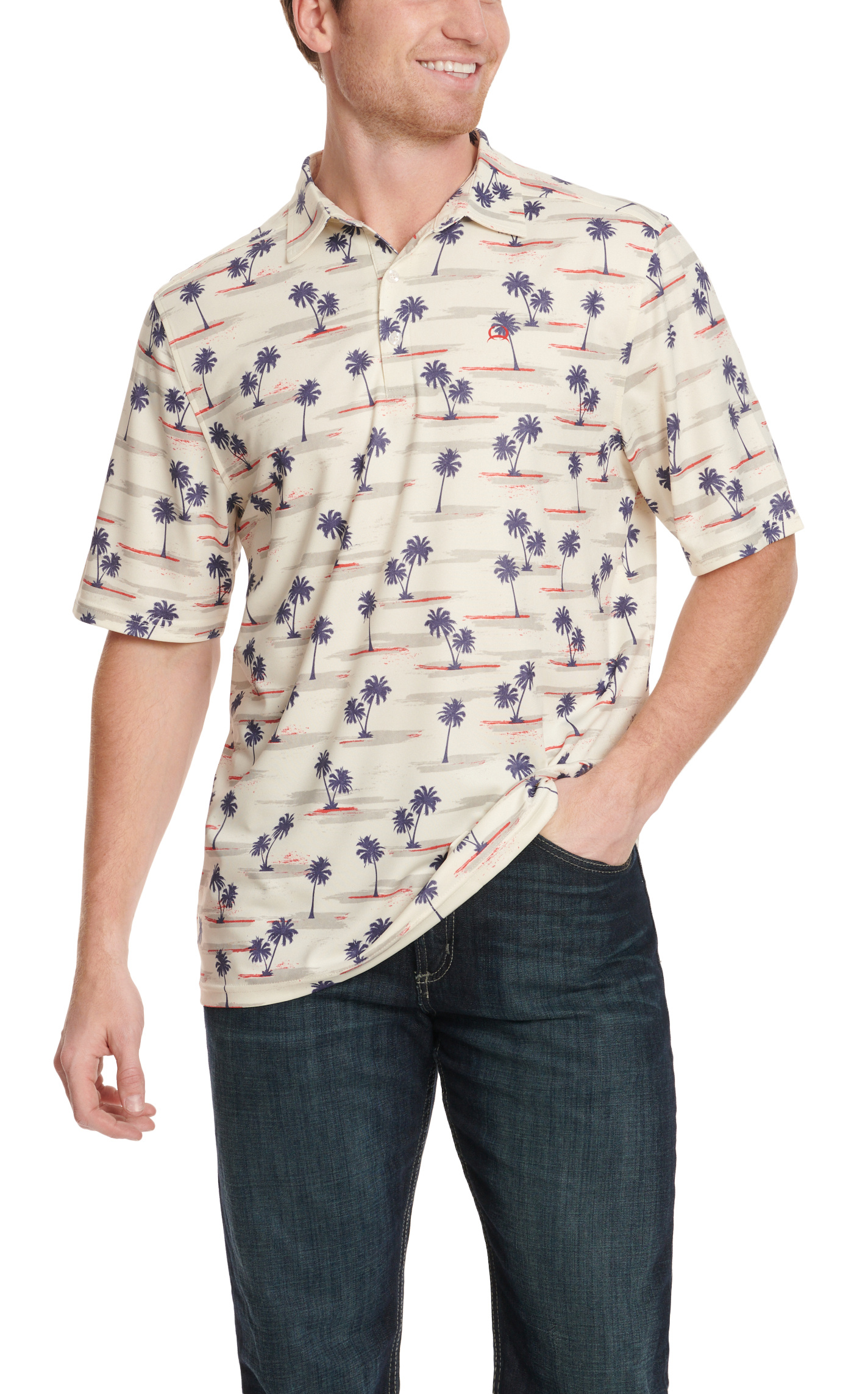 Cinch Men's Cream & Navy Palm Tree Print ArenaFlex Short Sleeve Polo Shirt - Image 1