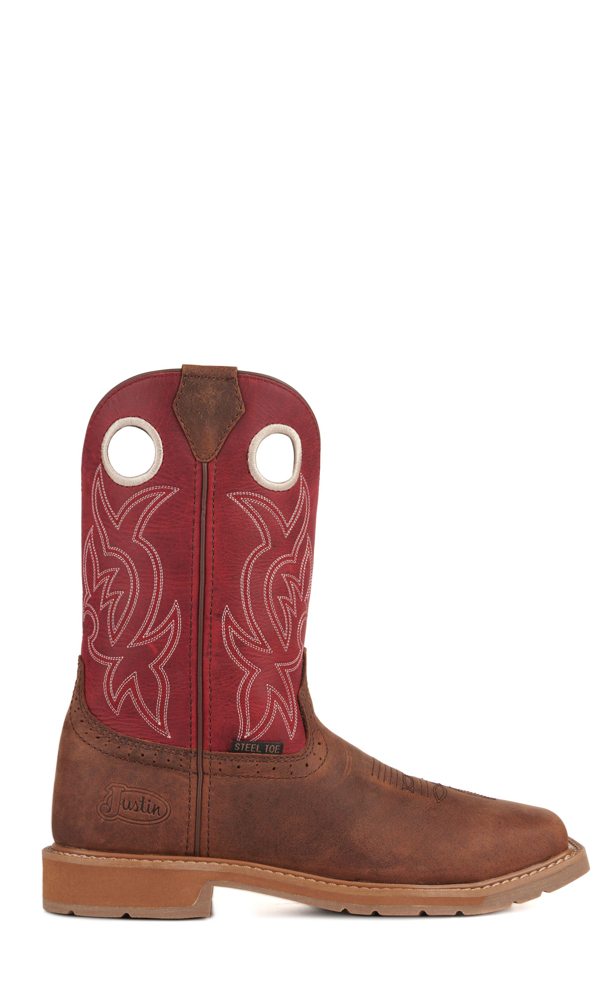 Justin Men's All Around Walnut Brown and Red Square Steel Toe Work Boots - Image 1